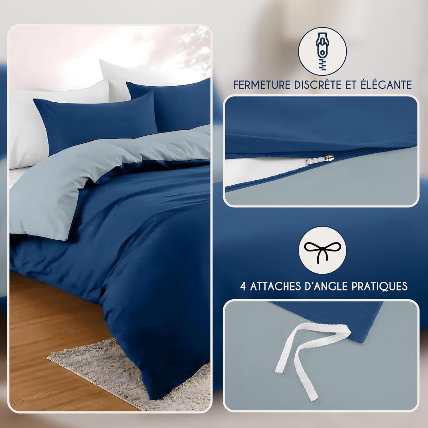 Thumbnail 2 de Dreamzie Parure de lit 200x200 en microfibre (housse de couette + 2 taies 65x65) bleu foncé/bleu gris