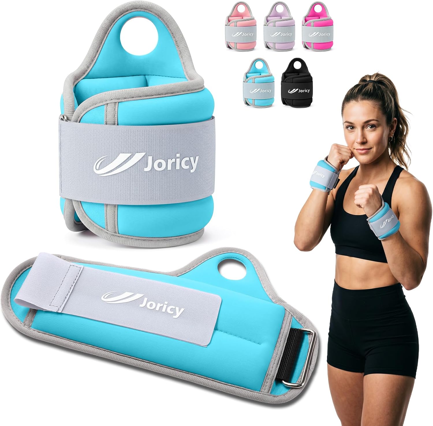 Detalle de JORICY 3 lb Wrist Weights with Thumb Loops, Light Blue Neoprene Pair