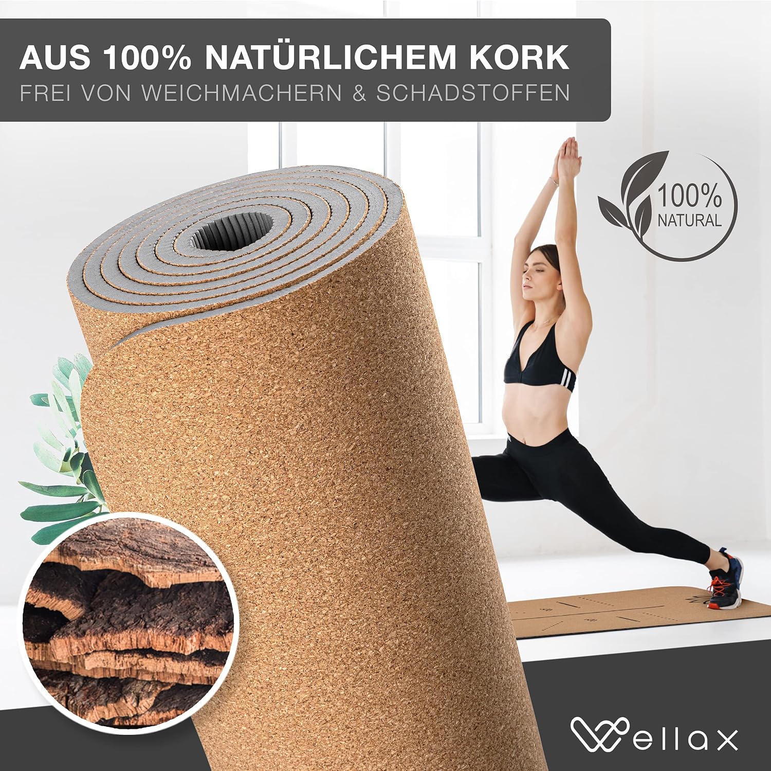 Detalle de Wellax Cork Yoga Mat, 185 x 66 cm with Non-Slip TPE Base and Carry Strap