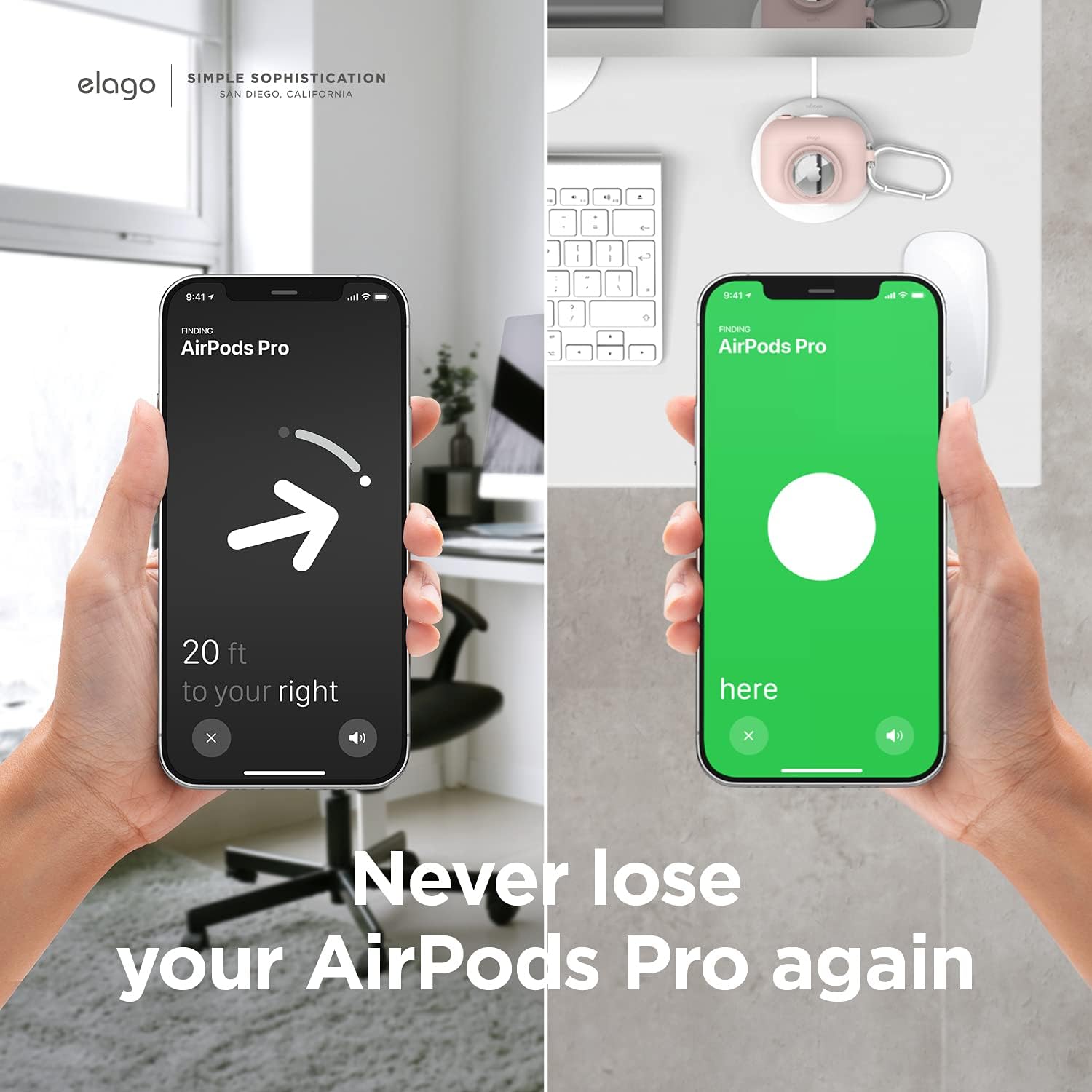 Detalle de elago Coque instantanée pour AirPods Pro avec emplacement AirTag et porte-clés (Rose des Sables) — design “appareil photo”