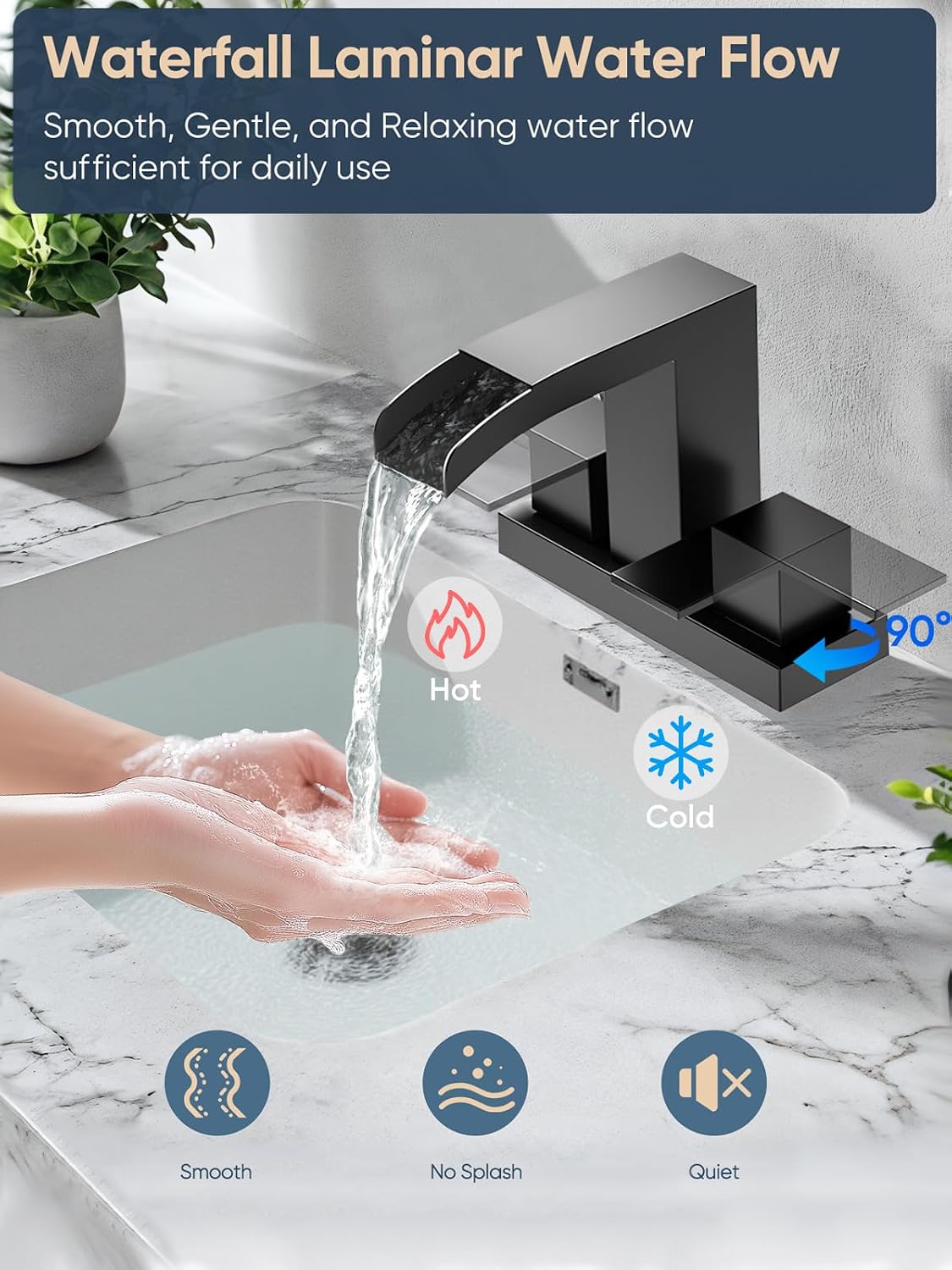 Detalle 2 de Cobbe CB-11003B Waterfall Bathroom Faucet, Matte Black, 4-Inch Centerset