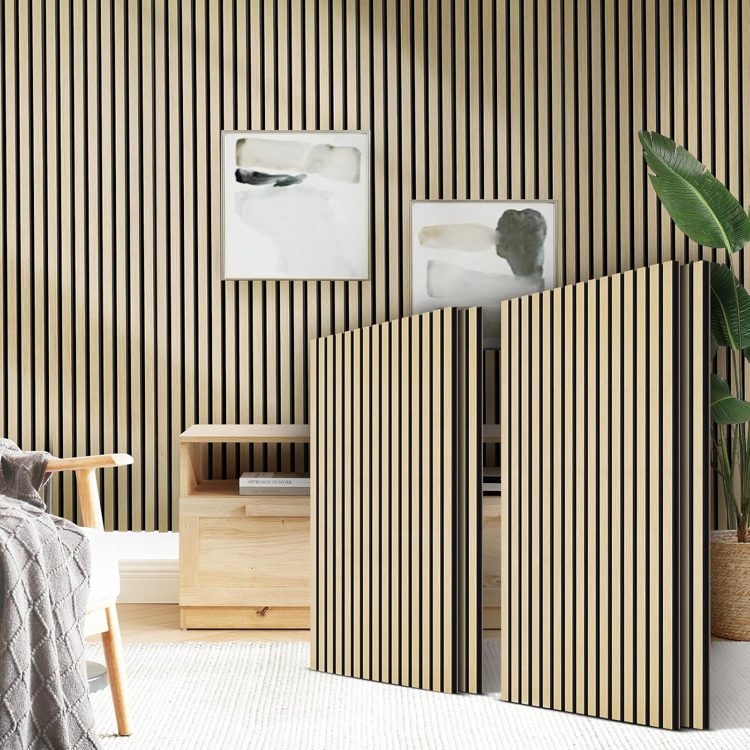 Detalle de Camola Wood Slat Acoustic Wall Panels, 4-Pack, Oak, Self-Adhesive