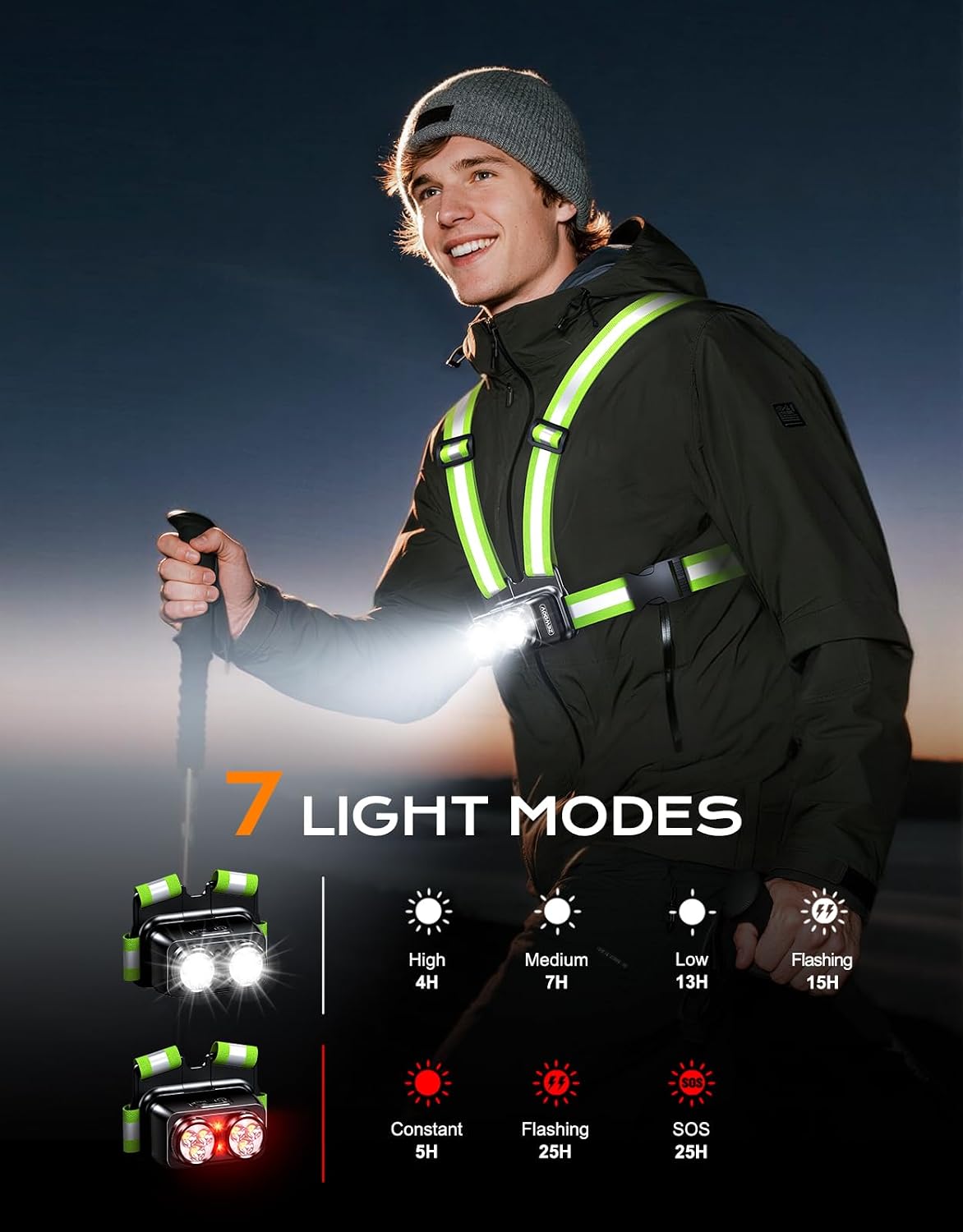 Detalle de Zewdov 800LM Running Chest Light, 7 Modes and 360° Reflective Gear