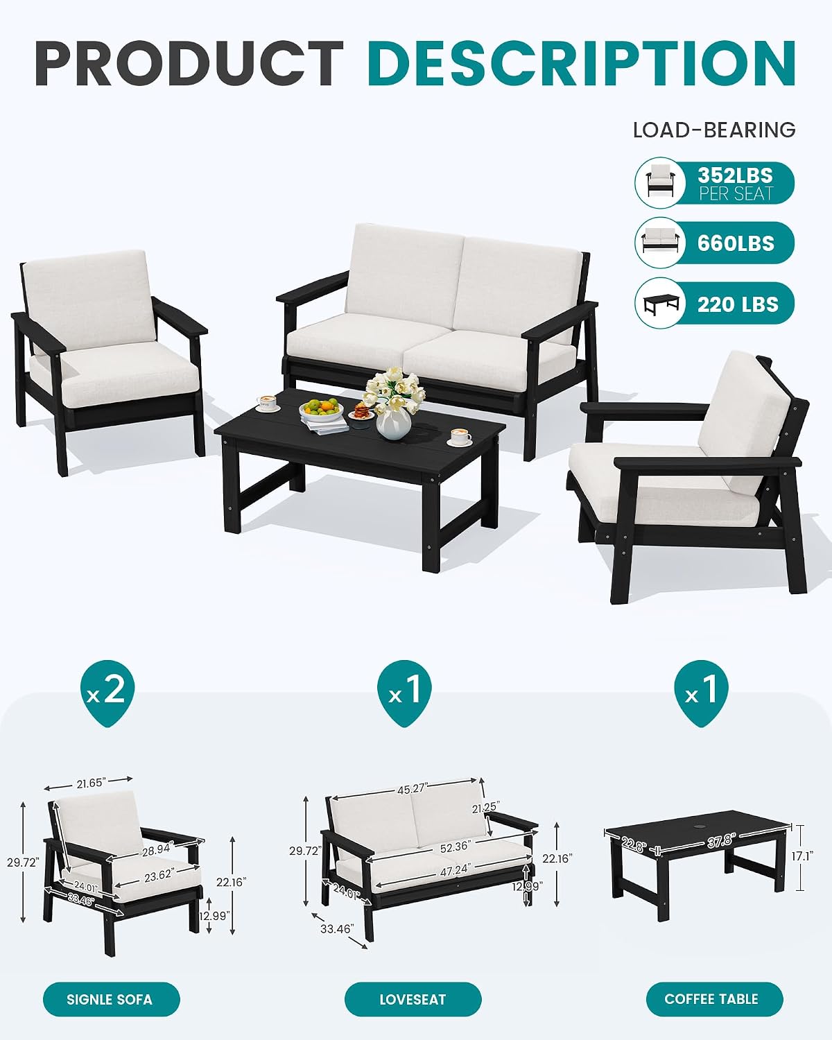 Thumbnail 1 de SERWALL P111-037 4-Piece HDPE Patio Sofa Set with Khaki Cushions