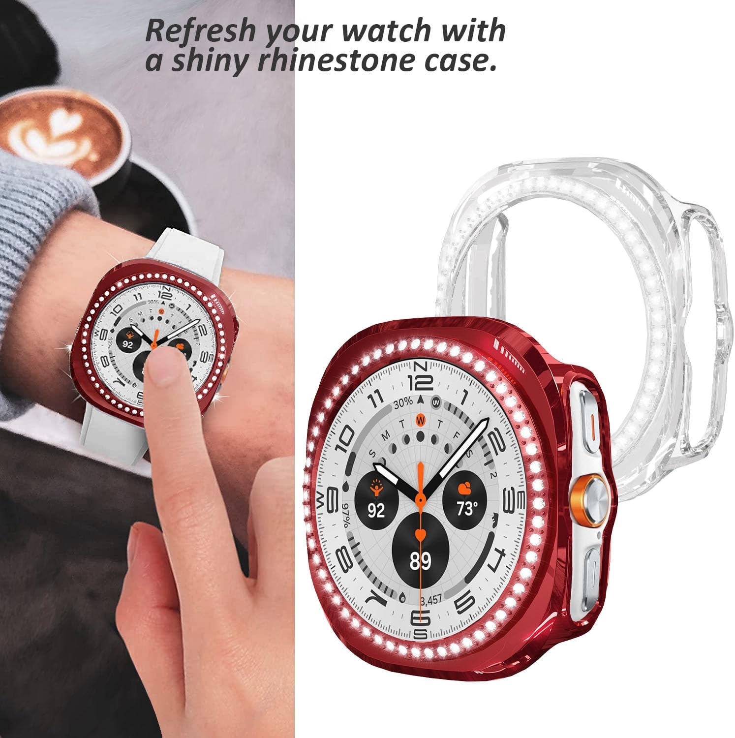 Detalle de DEALELE 2-Pack Bling PC Protective Case for Samsung Galaxy Watch Ultra 47mm (2025/2024) – Red + Transparent