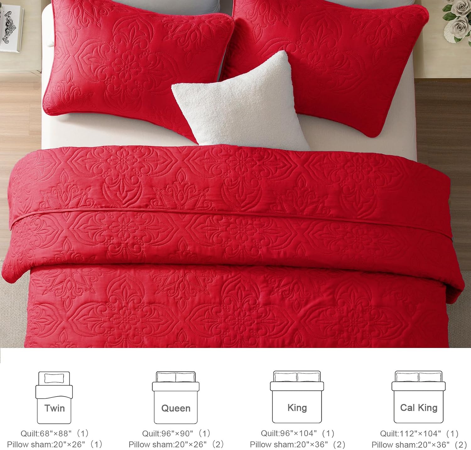 Detalle de Whale Flotilla WFQS-DIA-CKRD Cal King Quilt Set, Reversible Red Damask
