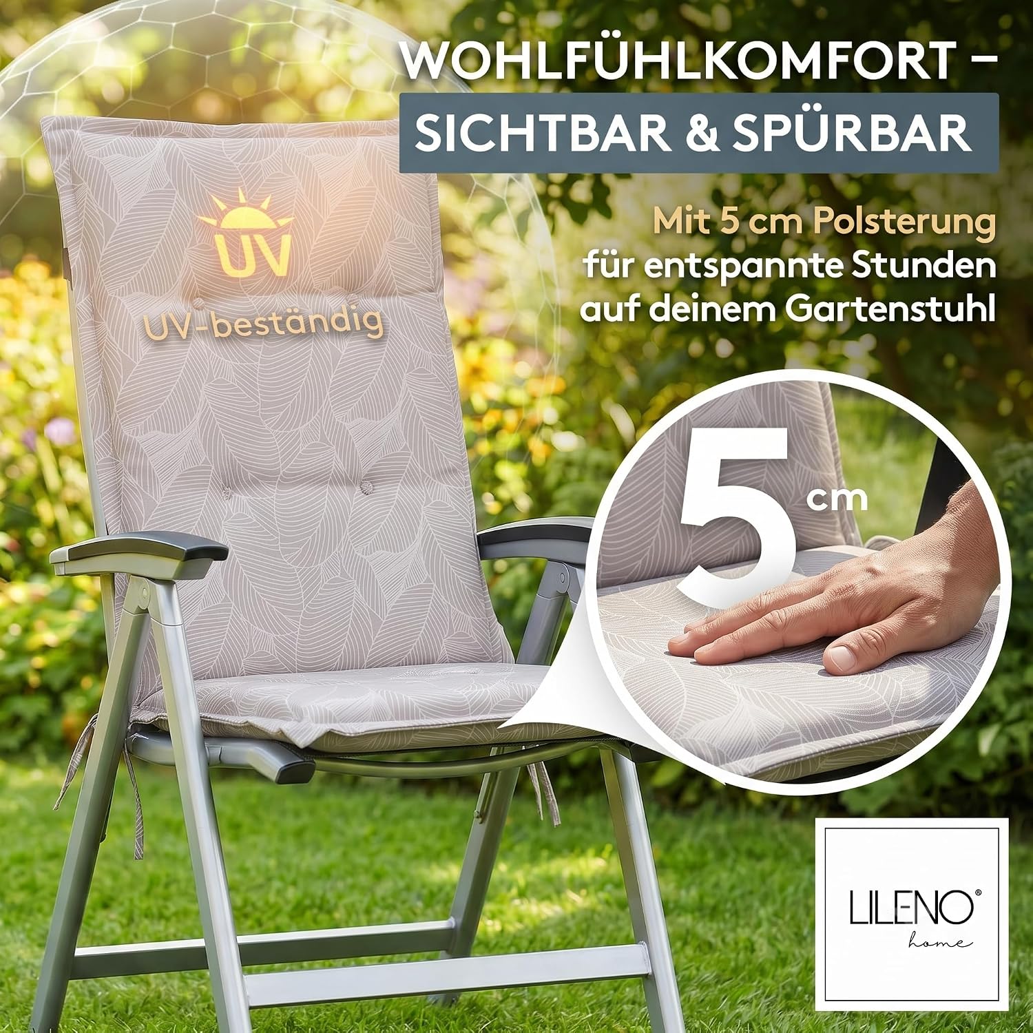 Detalle de LILENO HOME tuinstoelkussens, 2-delige set voor hoge rugleuning, grijs bladmotief
