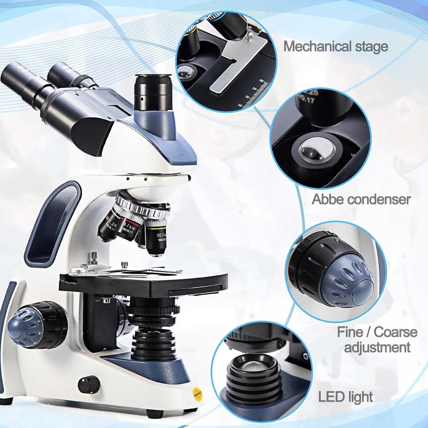 Thumbnail 3 de SWIFT SW380T Compound Trinocular Microscope with 40–2500X Magnification, 5.0MP Camera, and Included Slides
