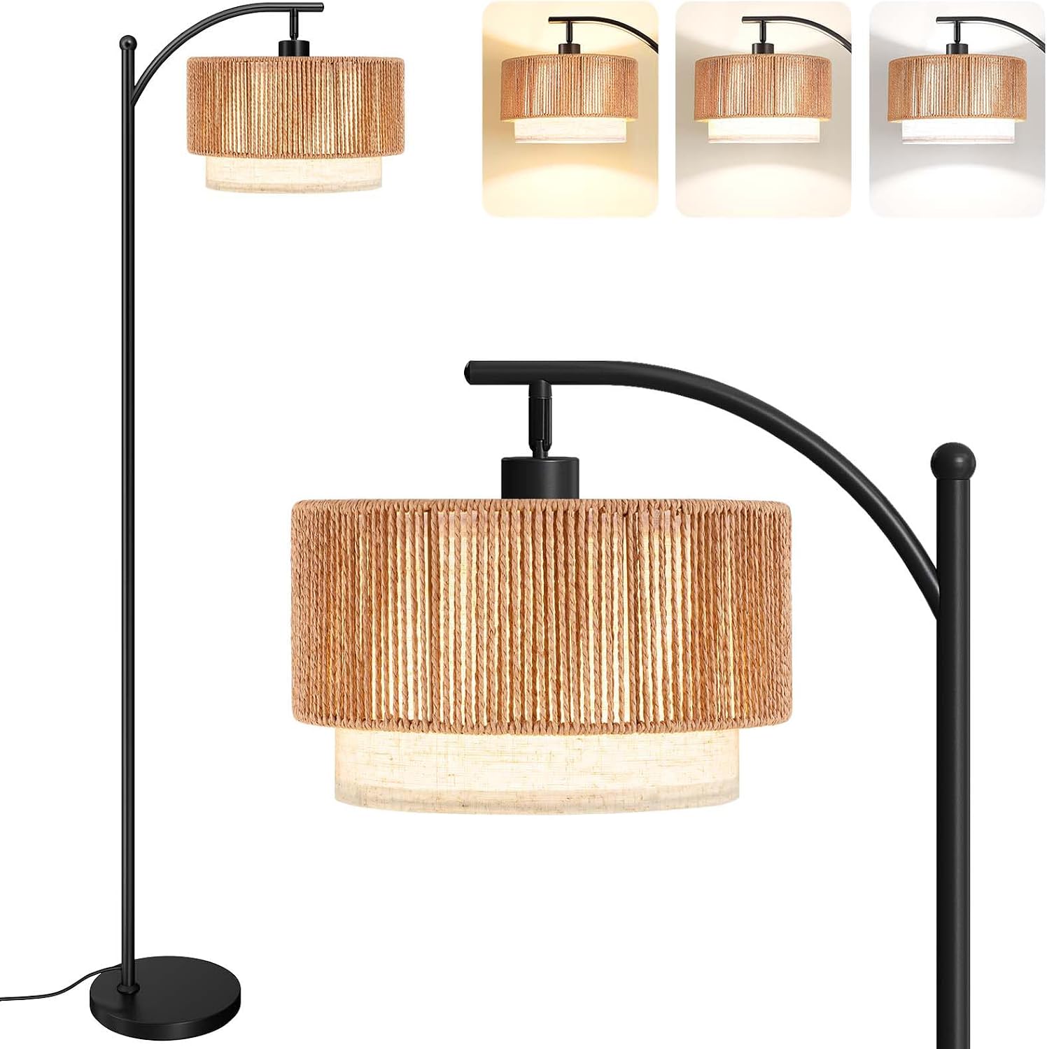 Detalle de SUNMORY SR000149 Arc Floor Lamp with Rattan Shade and 3-Color LED Bulb