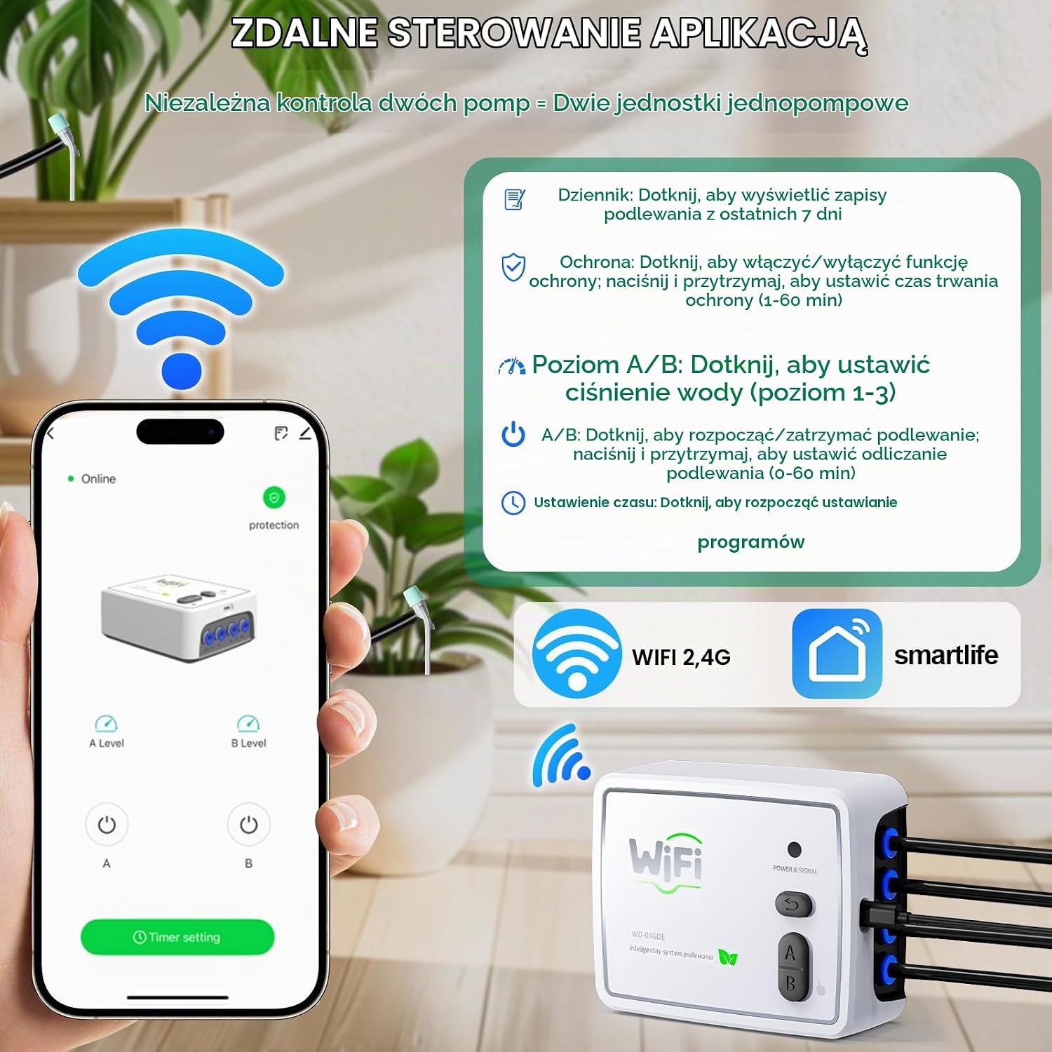 Detalle de PUGTOW – automatyczny system nawadniania Wi-Fi z podwójną pompą do 20 roślin