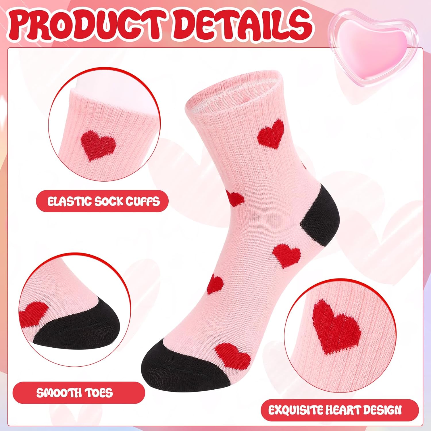 Thumbnail 4 de Zuimei 5 Pairs Girls Cotton Crew Socks with Heart Pattern – 9-12 Years