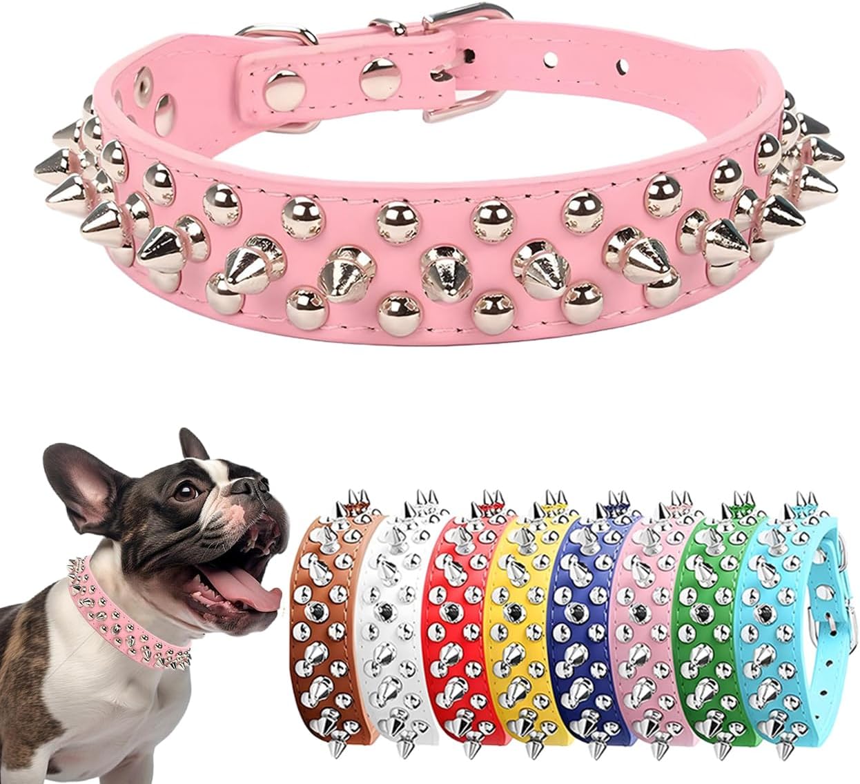 Detalle de Spiked Leather Dog Collar with Rivets – Pink, Adjustable (Size L)