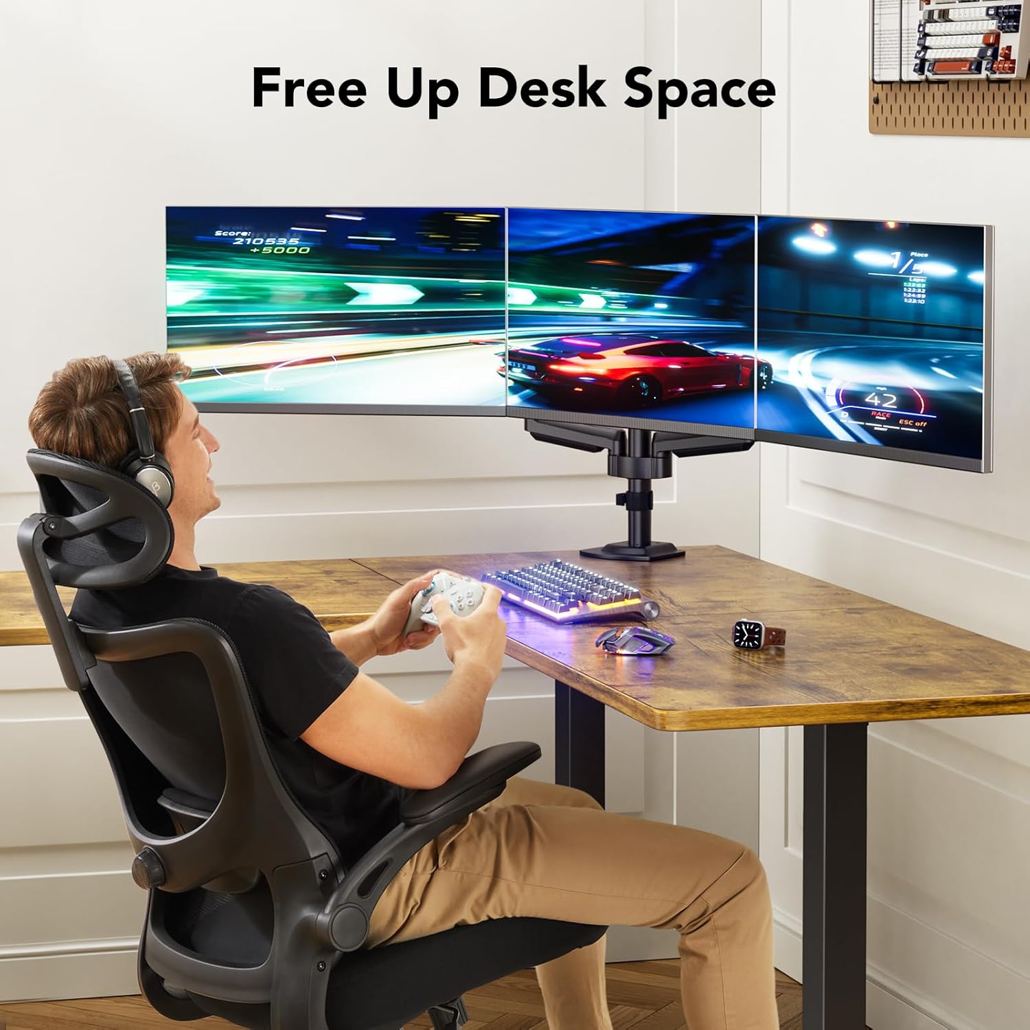 Detalle de HUANUO Monitorhalterung 3 Monitore für 13–27 Zoll – Gasfederarm, 8 kg je Arm, VESA 75x75/100x100