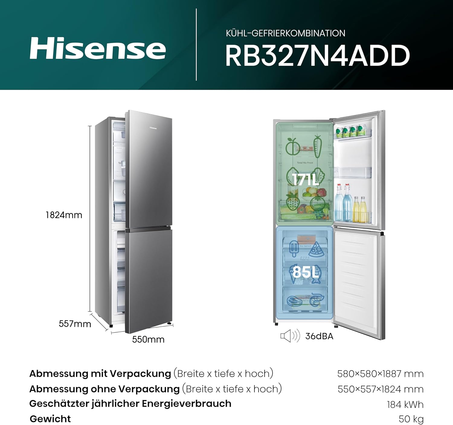 Thumbnail 1 de Hisense RB327N4ADD Kühl-Gefrier-Kombination – Total NoFrost, Wechselbarer Türanschlag, 171 L Kühlteil / 85 L Gefrierteil