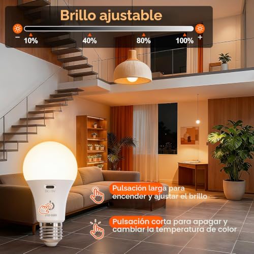Detalle 2 de Ketom Bombilla Recargable E27 con Mando (2 piezas) – LED USB, regulable y portátil