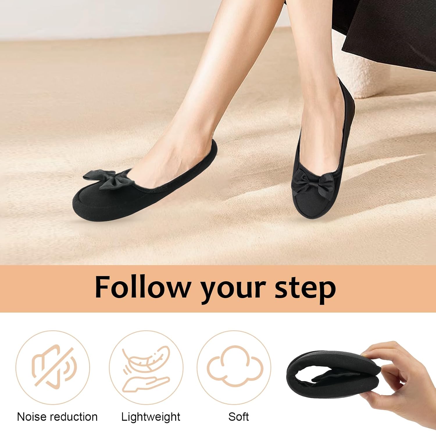 Detalle de OFFCUP Women's Fuzzy Ballerina Slippers with Memory Foam, Bow and Rubber Sole