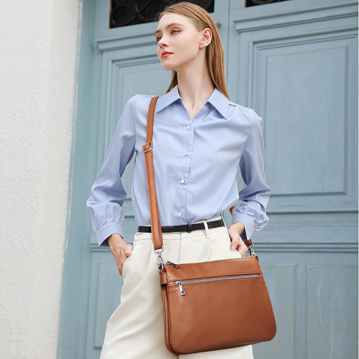 Detalle de KALIDI Crossbody Shoulder Bag for Women – Multi Pocket Vegan Leather, Adjustable Strap