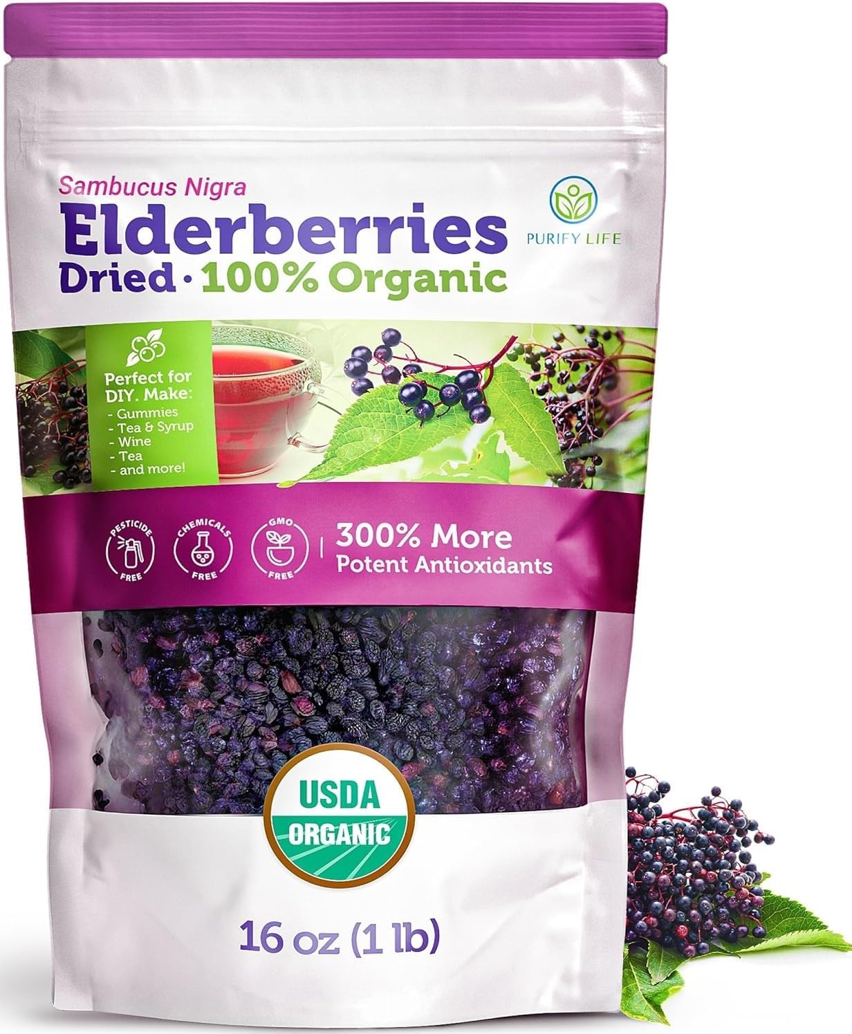 Detalle de Purify Life ODE1 Organic Dried Elderberries, Whole, 1 lb
