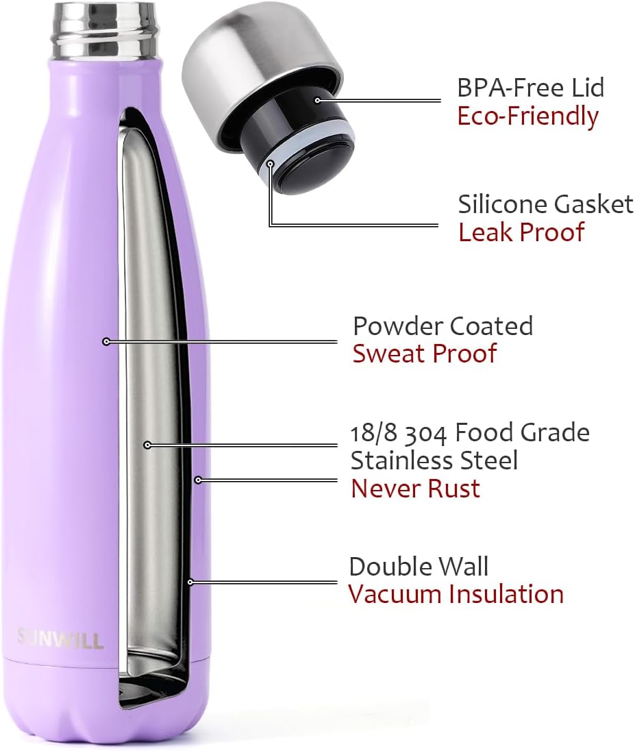 Detalle de SUNWILL Metal Water Bottle (Stainless Steel) 500ml – Vacuum Insulated Thermal Flask for Hot & Cold Drinks