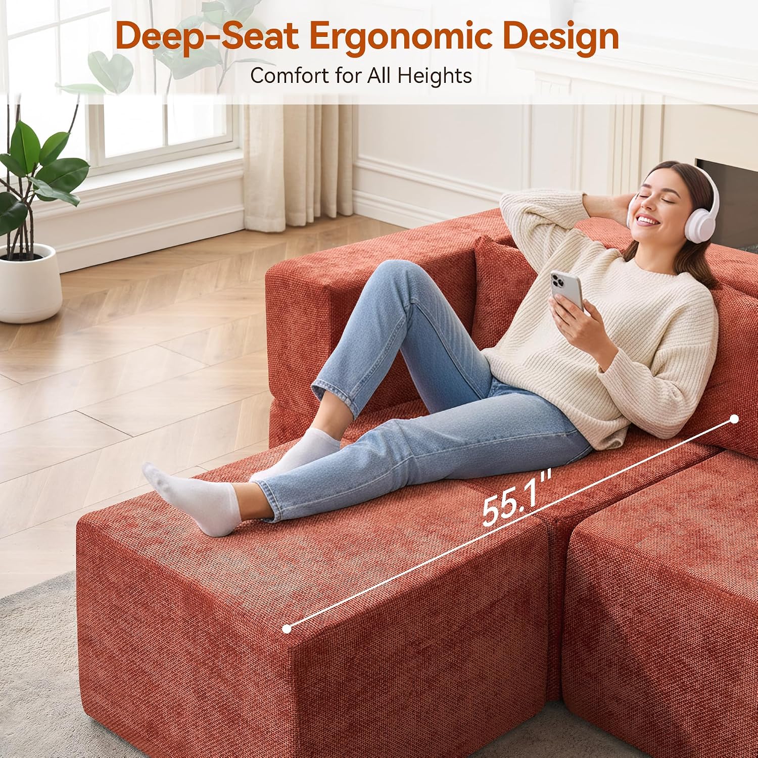 Detalle de MONVANE Modular Sectional Sofa, 8-Seat U-Shaped Chenille Couch, Rust Red