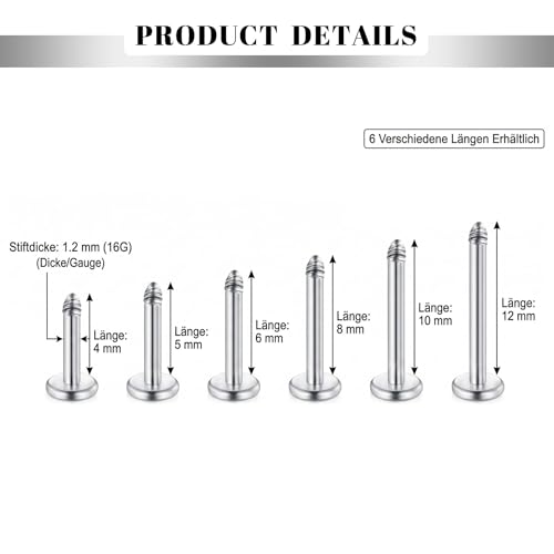 Detalle 2 de CIZME Labret Piercing 16G 1,2 mm Chirurgenstahl Silber Set – 12 Stäbe + 14 Kugeln