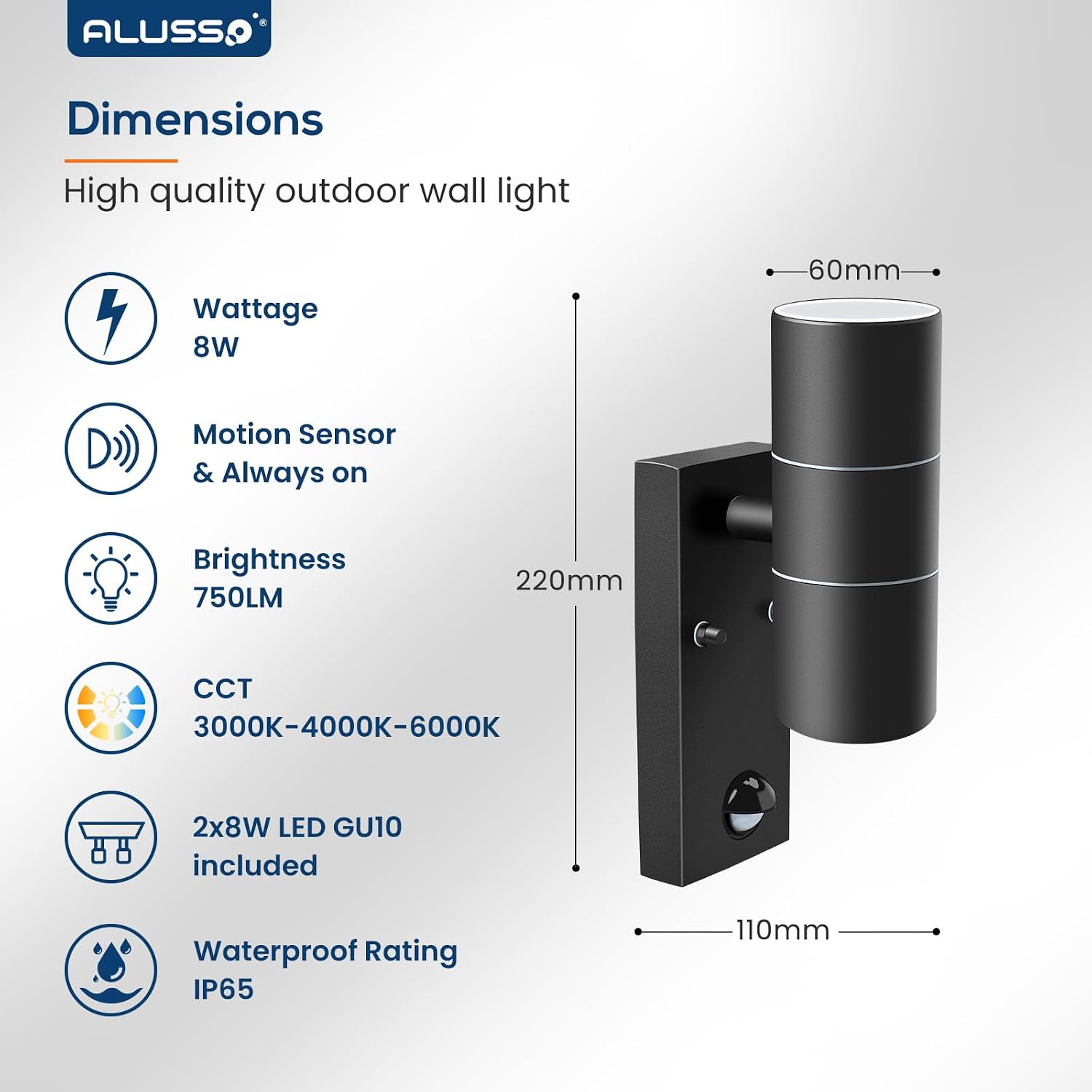 Detalle de ALUSSO Motion Sensor Outdoor Wall Light 8W 📡
