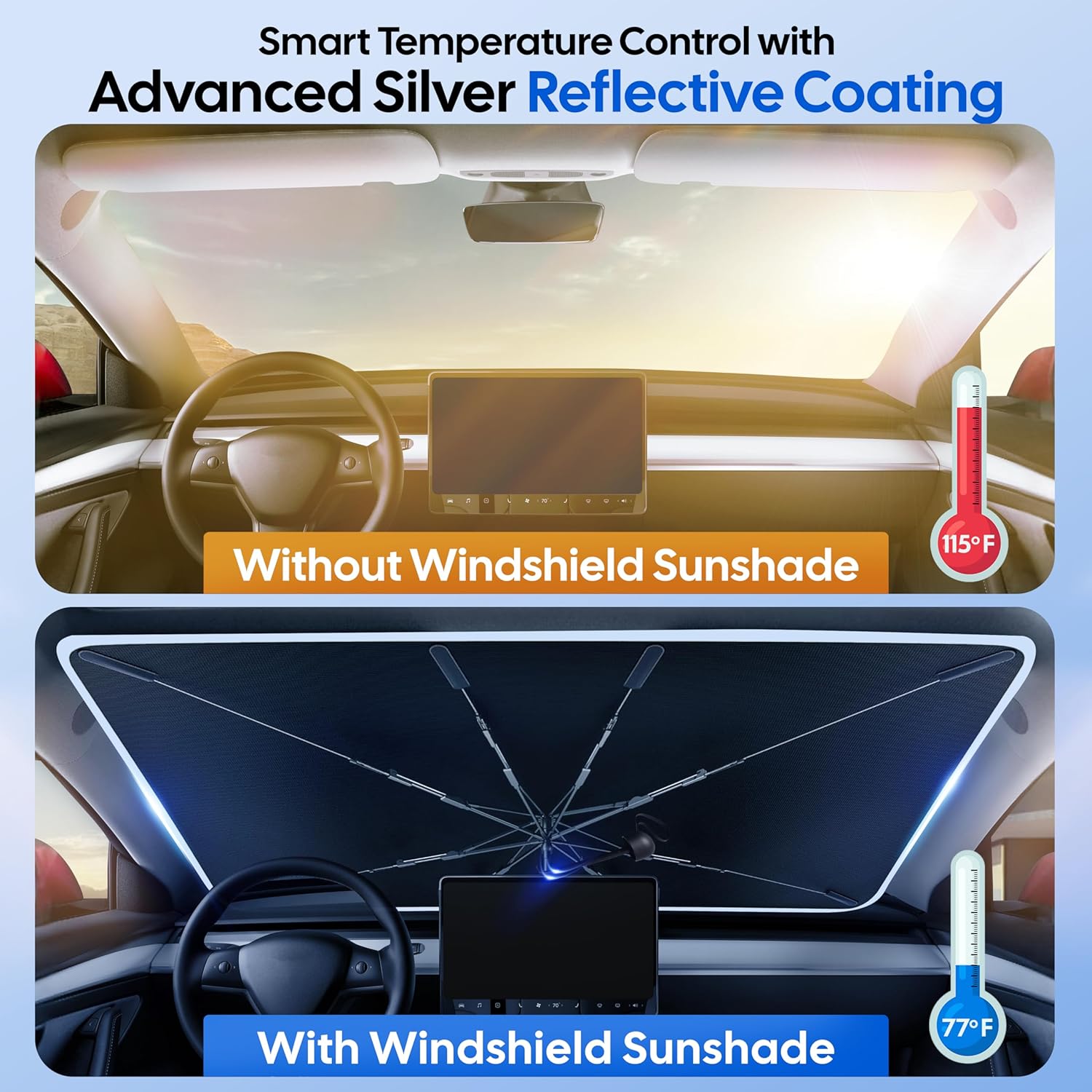 Thumbnail 6 de EcoNour Windshield Sun Shade Umbrella for Car — Medium Foldable 57” x 33” with 5-Layer UV Blocking & Extreme Heat Protection