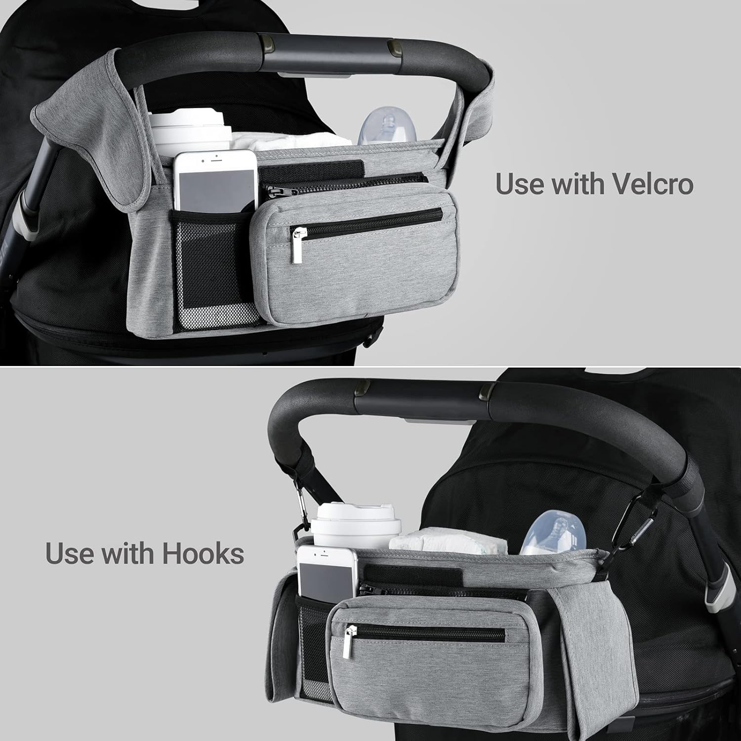 Thumbnail 6 de Momcozy Organizer universale per passeggino con porta bevande, tasca con cerniera e spazi ampi per pannolini e telefoni