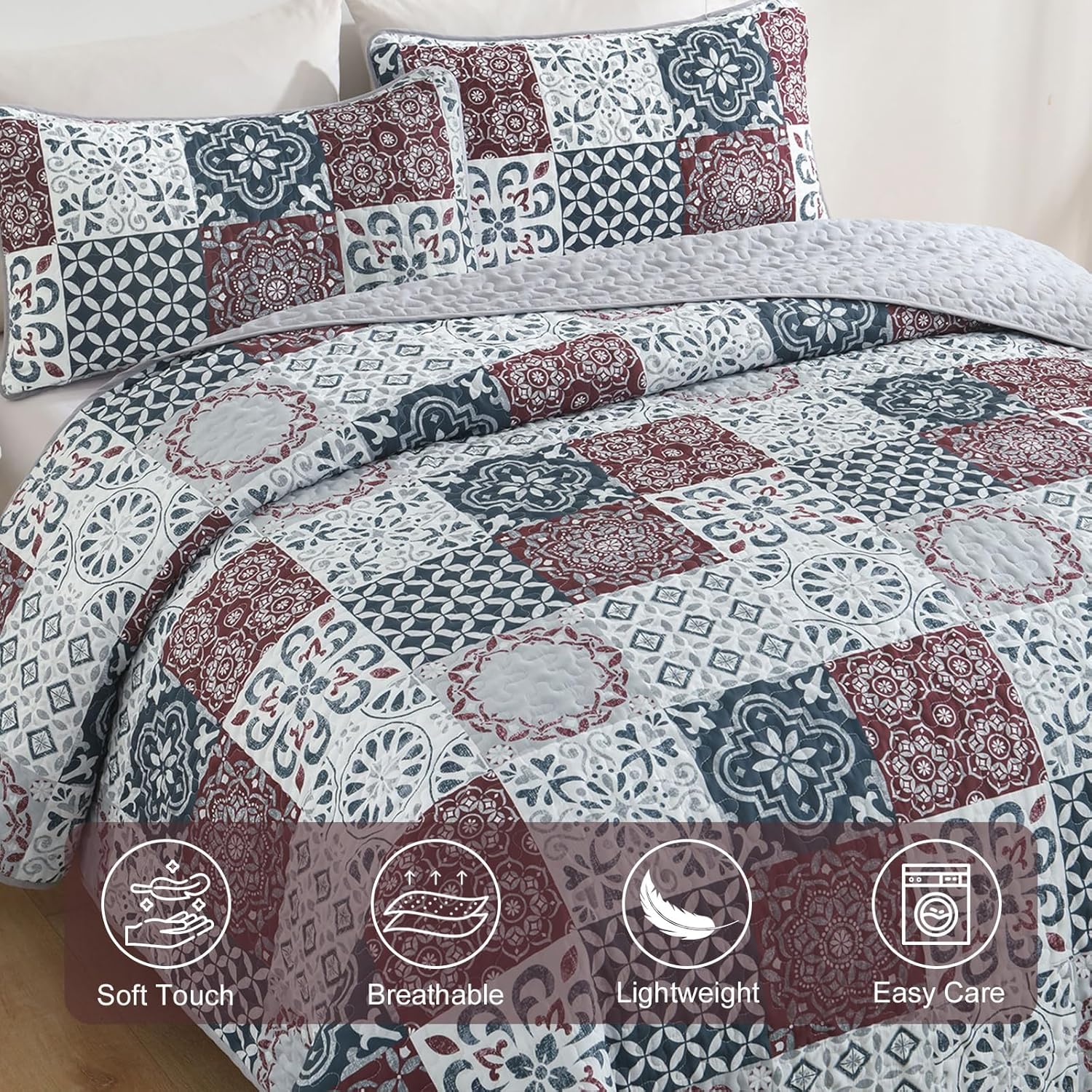 Thumbnail 4 de Dobuyly Patchwork Quilt Set Queen Size Boho Plaid Bedspread - 3 Pieces, Red Grey, Microfiber