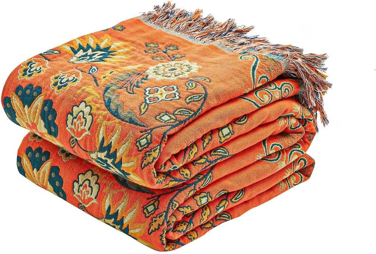 Detalle de XIBLC Boho Throw Blanket (100% Cotton) 60"x80" Floral Reversible Farmhouse Decor, Orange