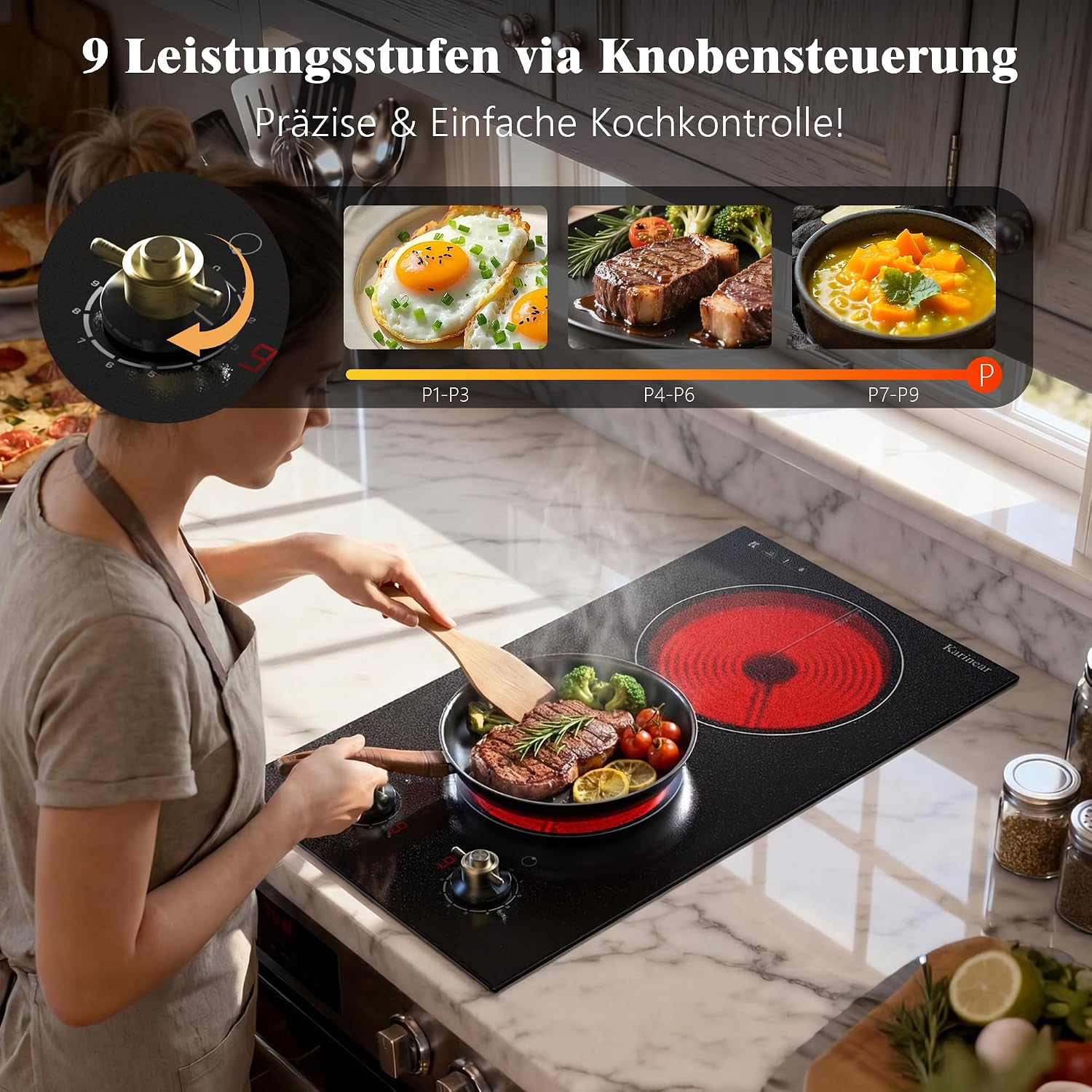 Detalle de Karinear Glaskeramikkochfeld 2 Platten mit Stecker – tragbar, 3000 W, Doppel-Drehknopf, 30 cm, infrarot-heizung