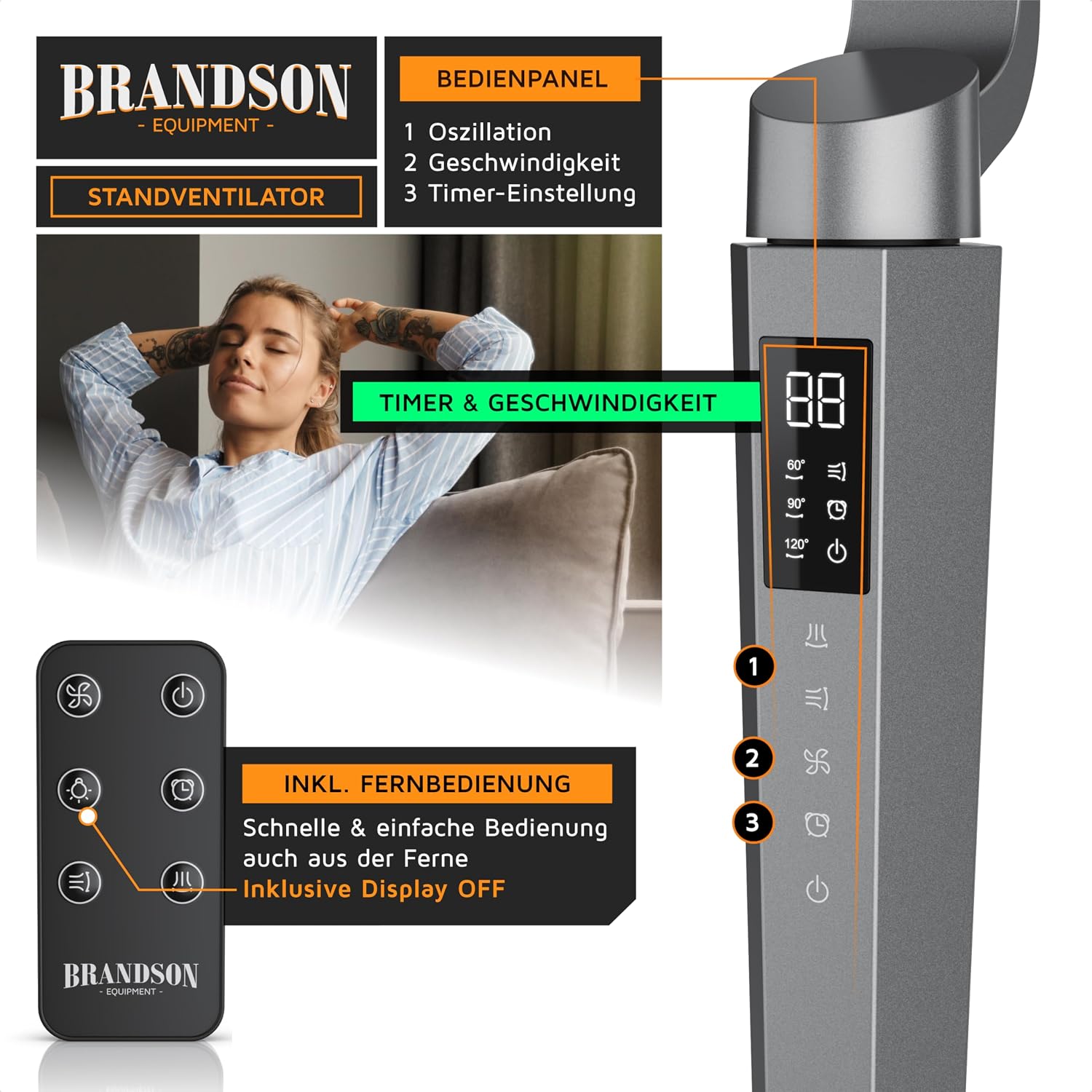 Detalle 2 de Brandson 3D Standventilator mit DC-Motor – leise, energiesparend und flexibel einstellbar