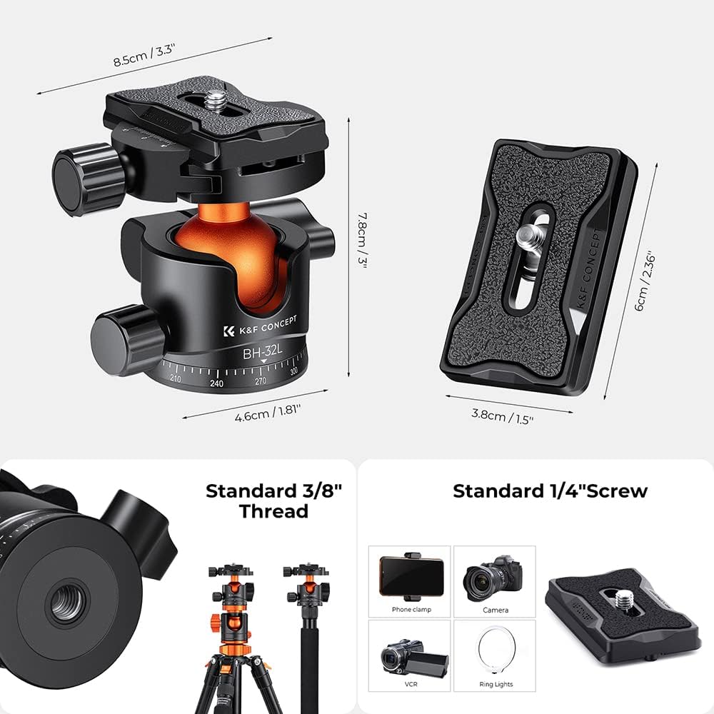Thumbnail 3 de K&F Concept Tête de balle 360° rotative BH-32L : adaptateur rotule avec vis 3/8" et plaque rapide 1/4