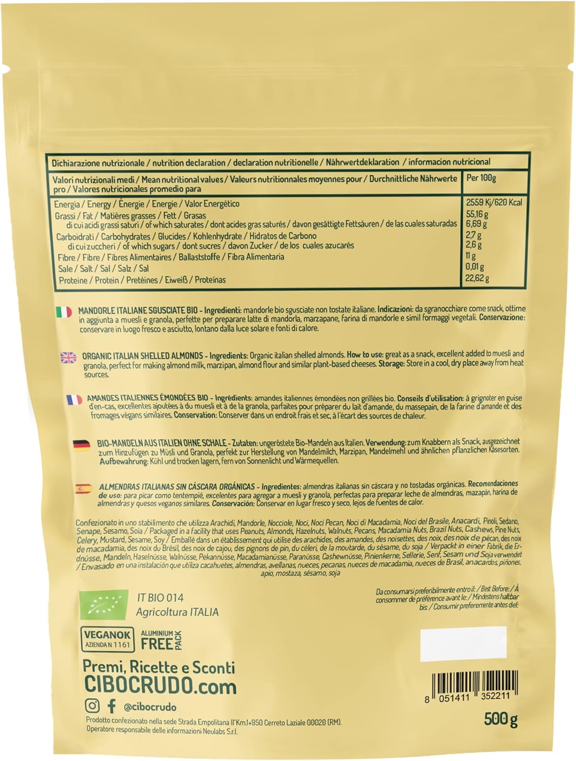 Detalle 2 de Amandes Bio Décortiquées 500 g de Sicile par CiboCrudo – cru, sèches et bio