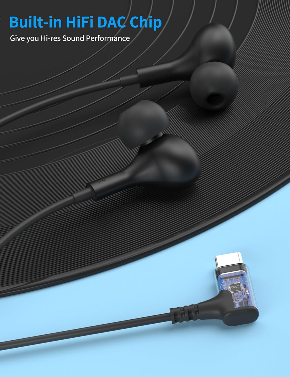 Thumbnail 2 de ACOCOBUY USB-C Earphones with Microphone (Right-Angle Type C Wired Earbuds) for Samsung, iPhone and Pixel – Black