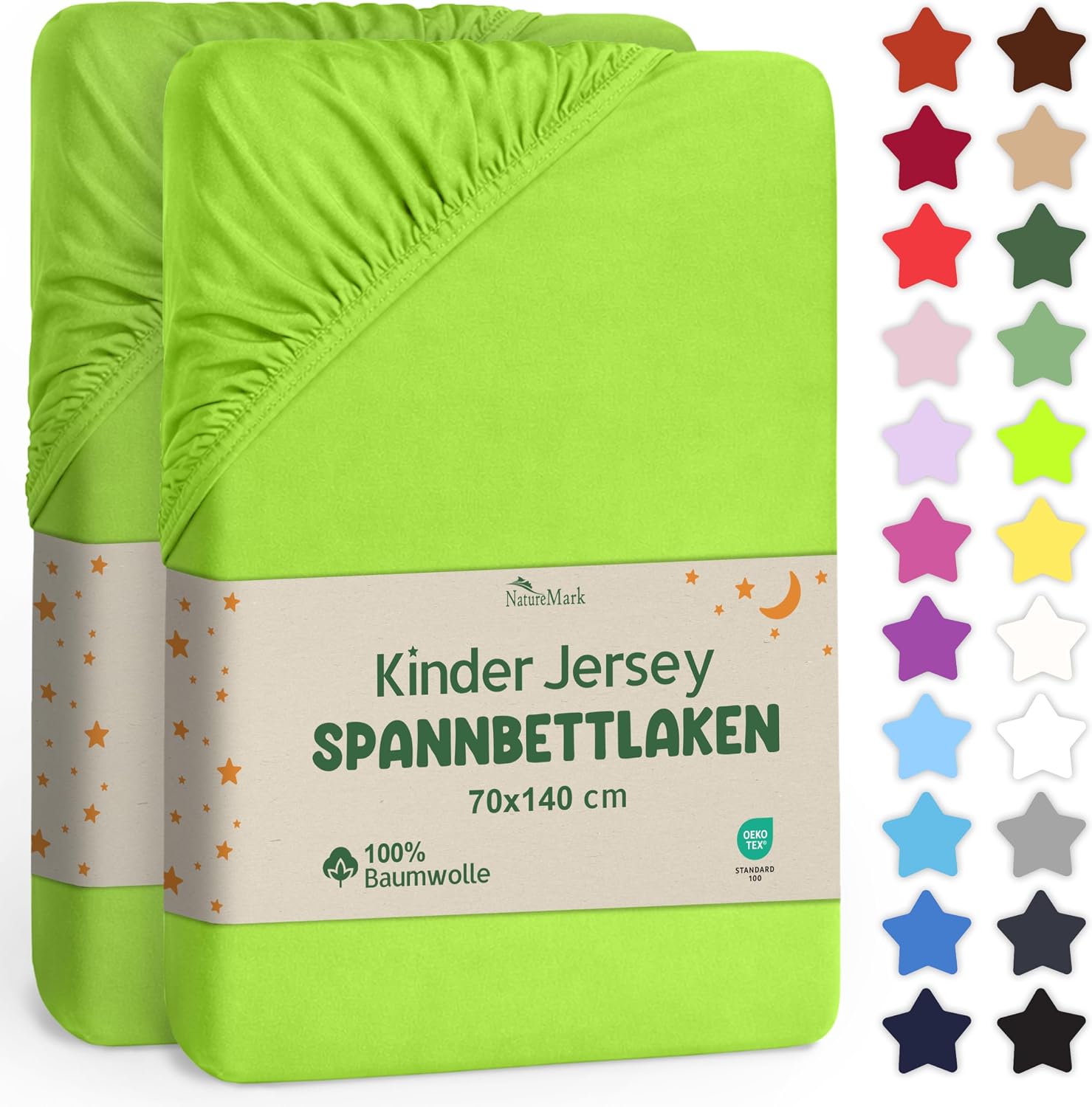 Detalle de NatureMark Spannbettlaken 70x140 cm – Weiches Jersey aus 100% Baumwolle, 2er Set, Apfel Grün