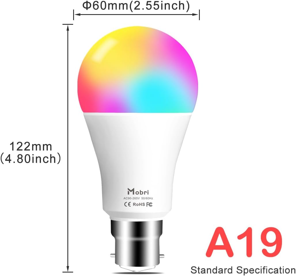 Thumbnail 5 de Mobri B22 LED Colour Changing Light Bulbs with Remote Control (75W Equivalent) – Bayonet, Dimmable, 120 RGB Colours + Daylight White