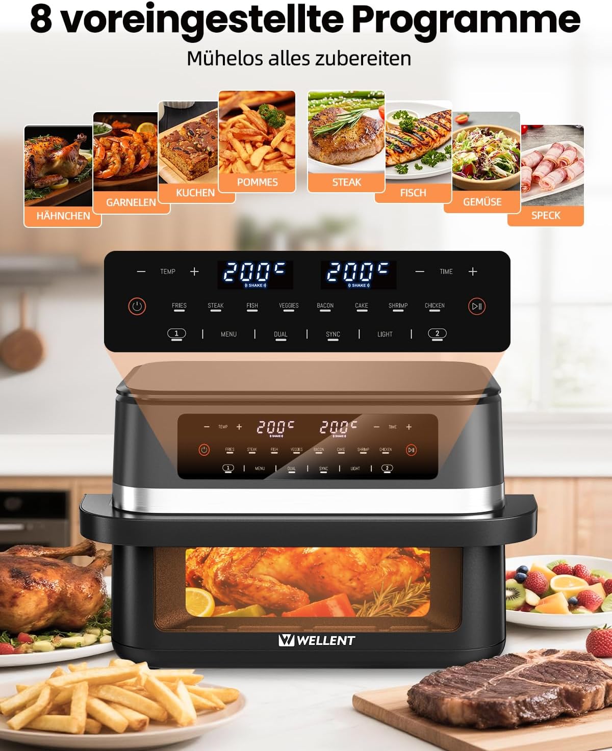 Detalle de WELLENT 12L Dual Zone Airfryer XXL – flexible Doppelkammer-Heißluftfritteuse mit Sync-Funktion