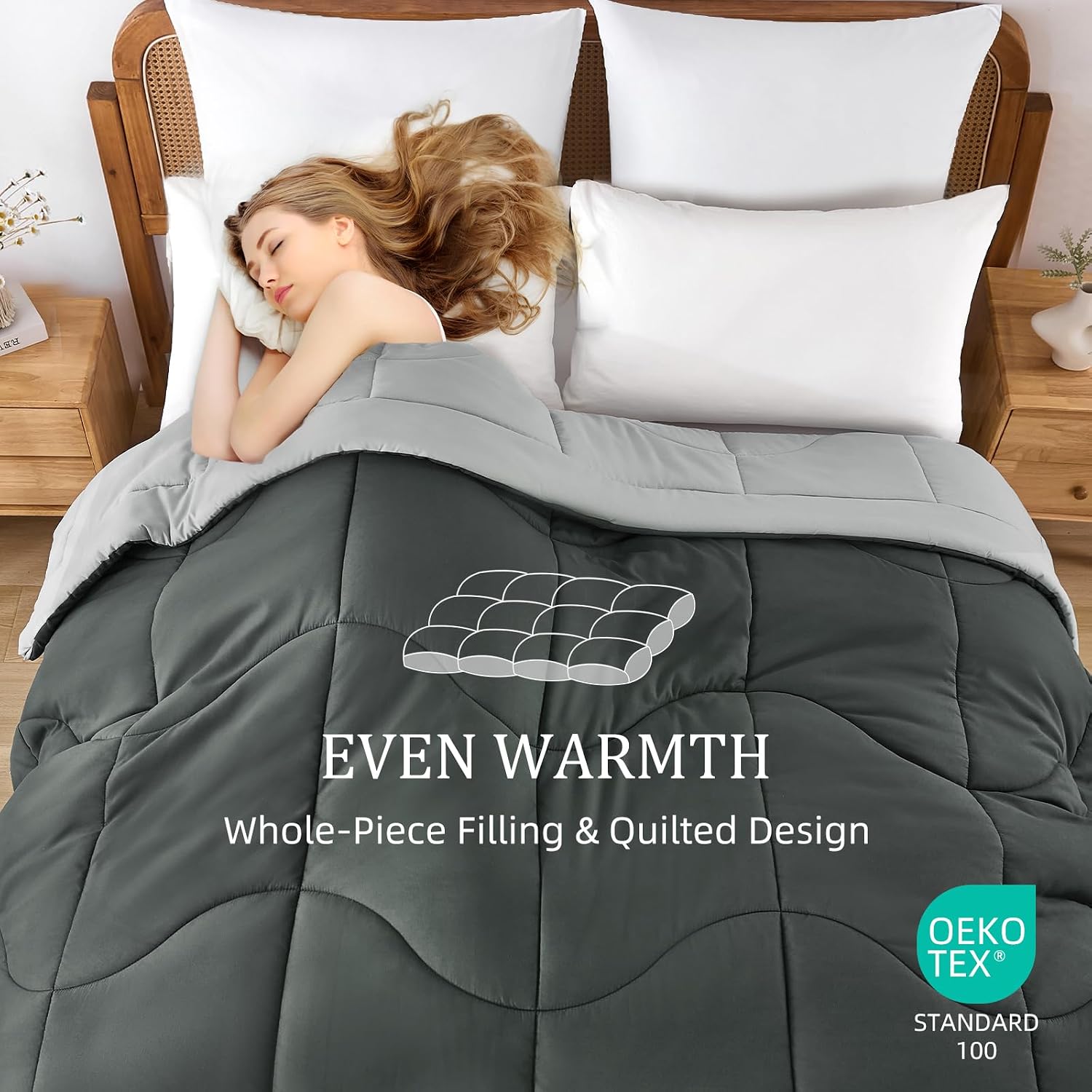 Detalle 2 de Guchuang Bedding Coverless Double Duvet – 10.5 Tog Reversible Light/Dark Grey Down Alternative
