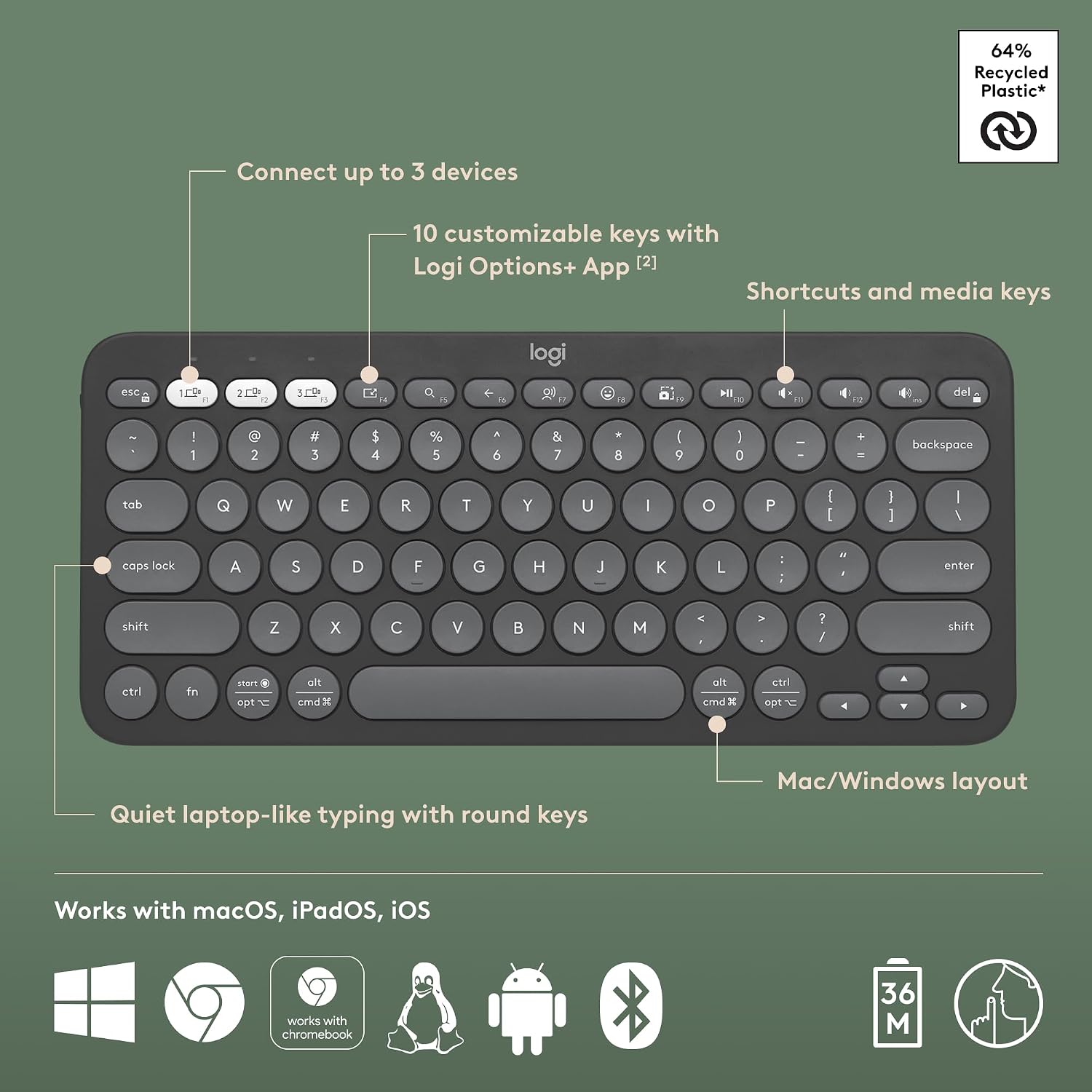 Thumbnail 5 de Logitech Pebble Keys 2 K380s Bluetooth Keyboard, Compact, 3-Device Switching