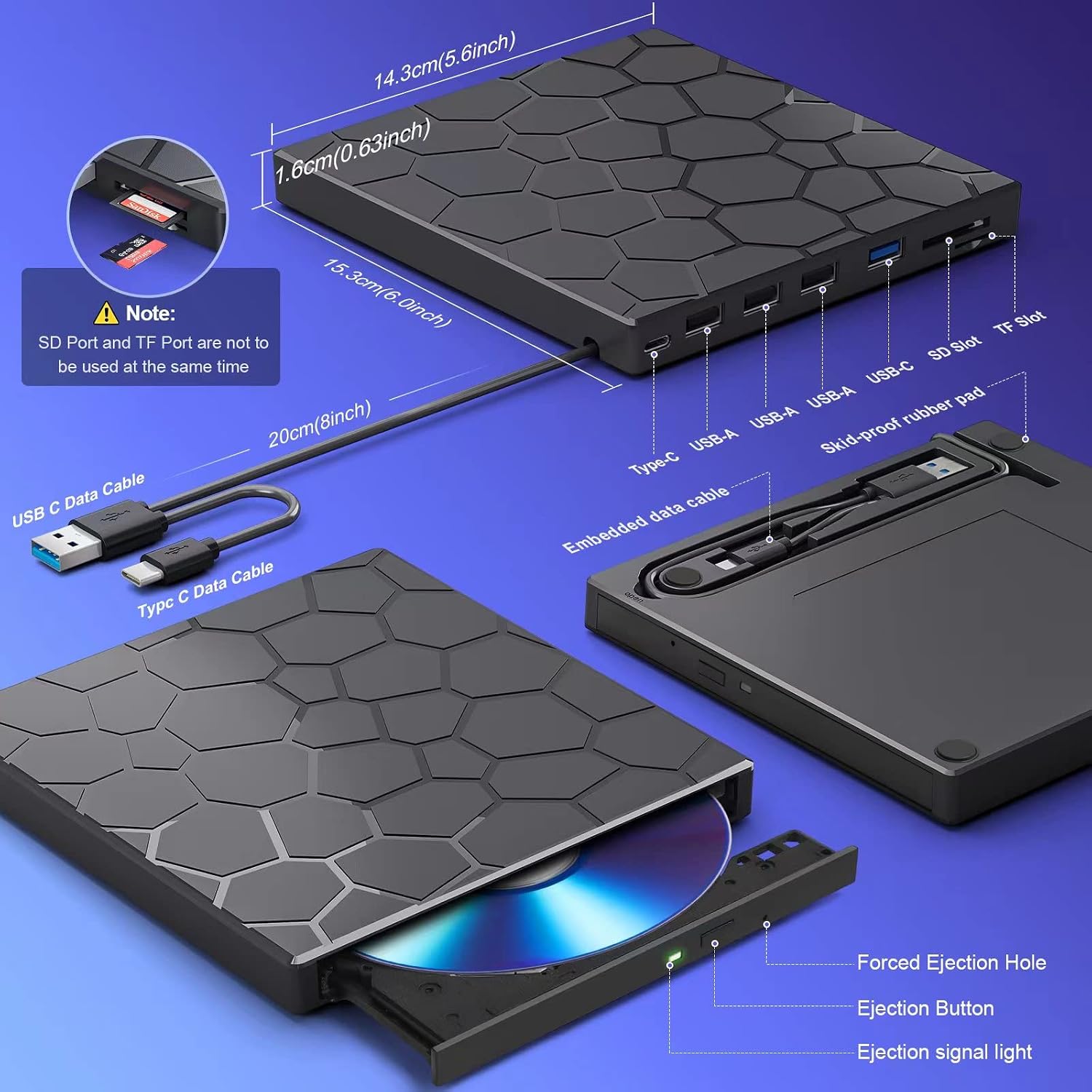 Detalle de BPAKDU 8-in-1 External CD/DVD Drive for Laptop with USB-C & USB 3.0