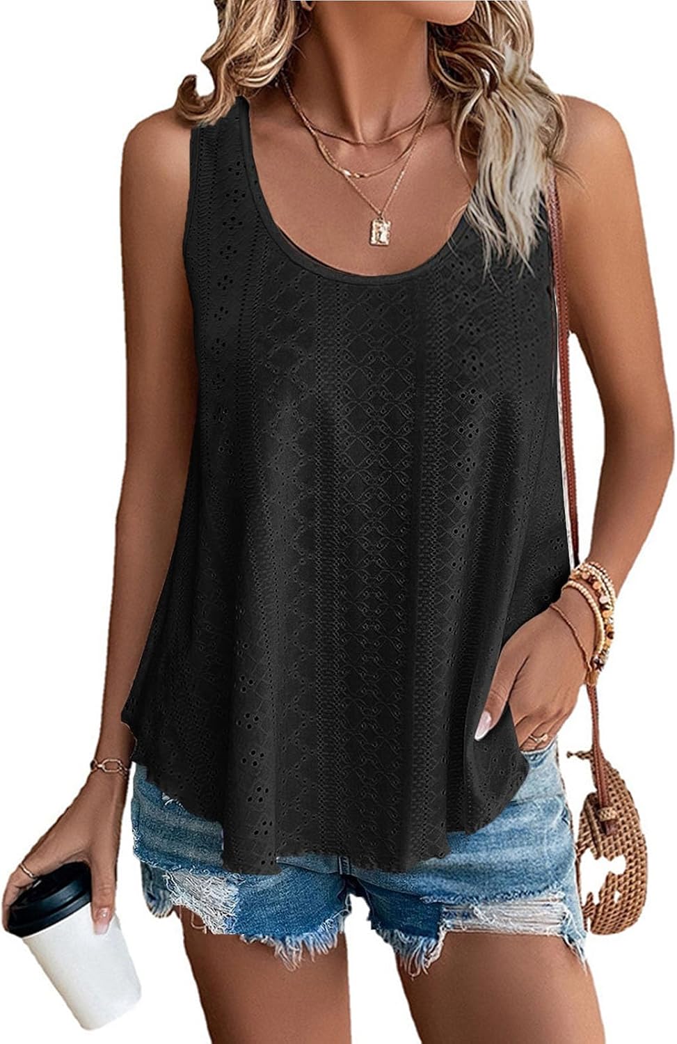 Detalle de SEDEX Women's Loose Fit Tank Top: Sleeveless Eyelet Embroidered Vest