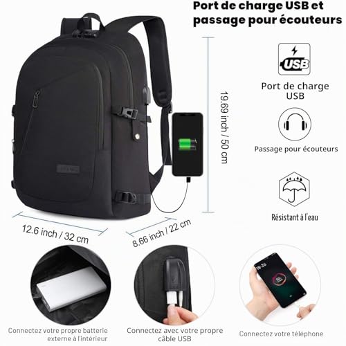 Detalle de Sac à Dos Ordinateur Portable 17 Pouces WENIG – Antivol, Étanche, Grand 35L avec Charge USB