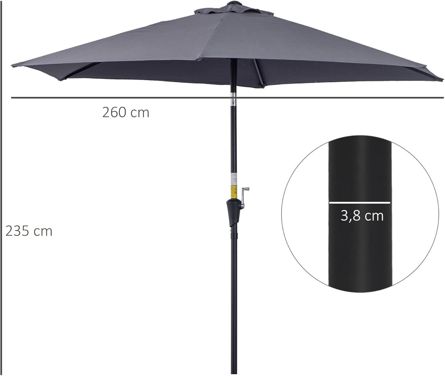 Thumbnail 6 de Outsunny Parasol droit inclinable de jardin Ø2,6 m – aluminium et toile polyester 180 g/m²