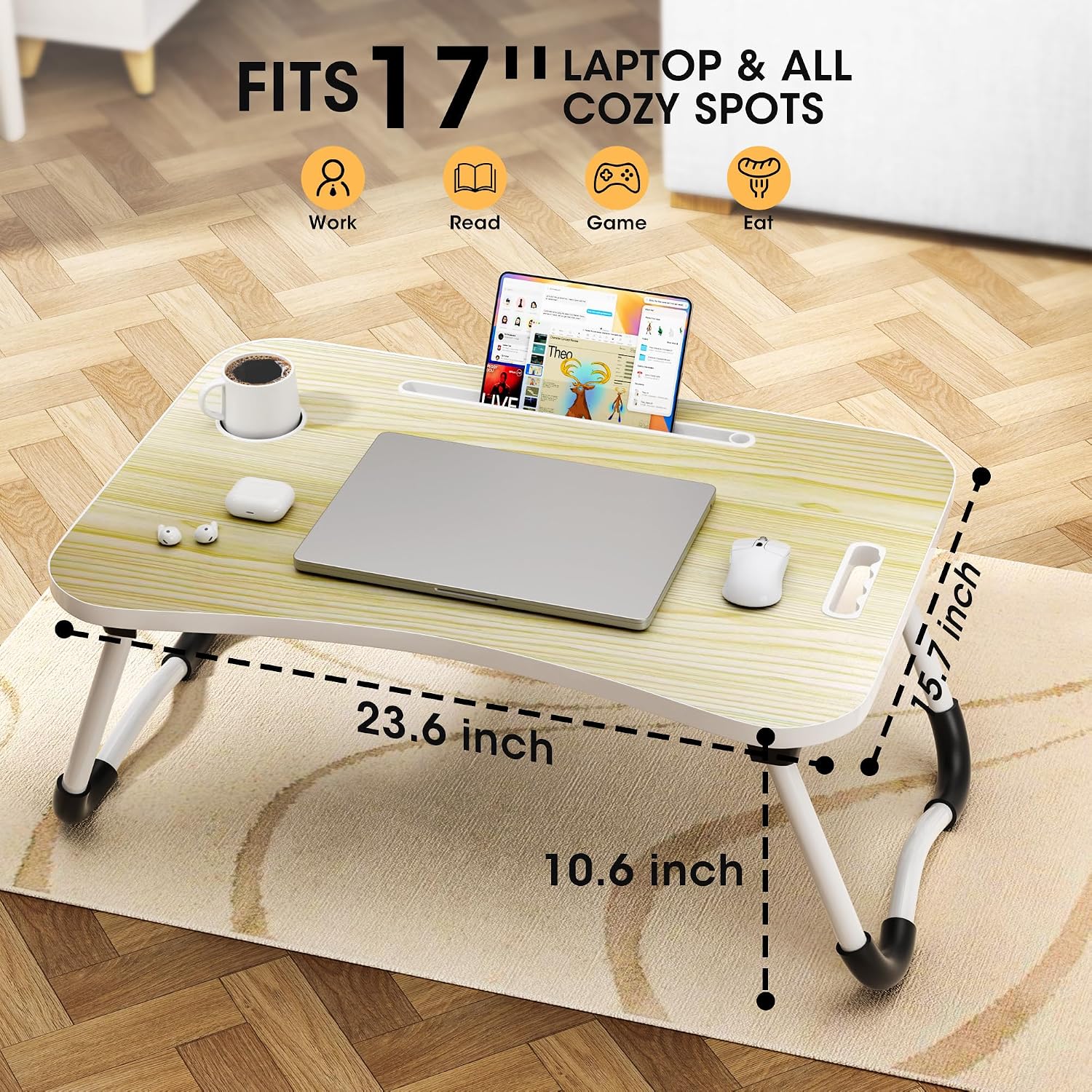Detalle 2 de Frpufi 23.6-Inch Wood Folding Lap Desk with Cup Holder and Device Slot