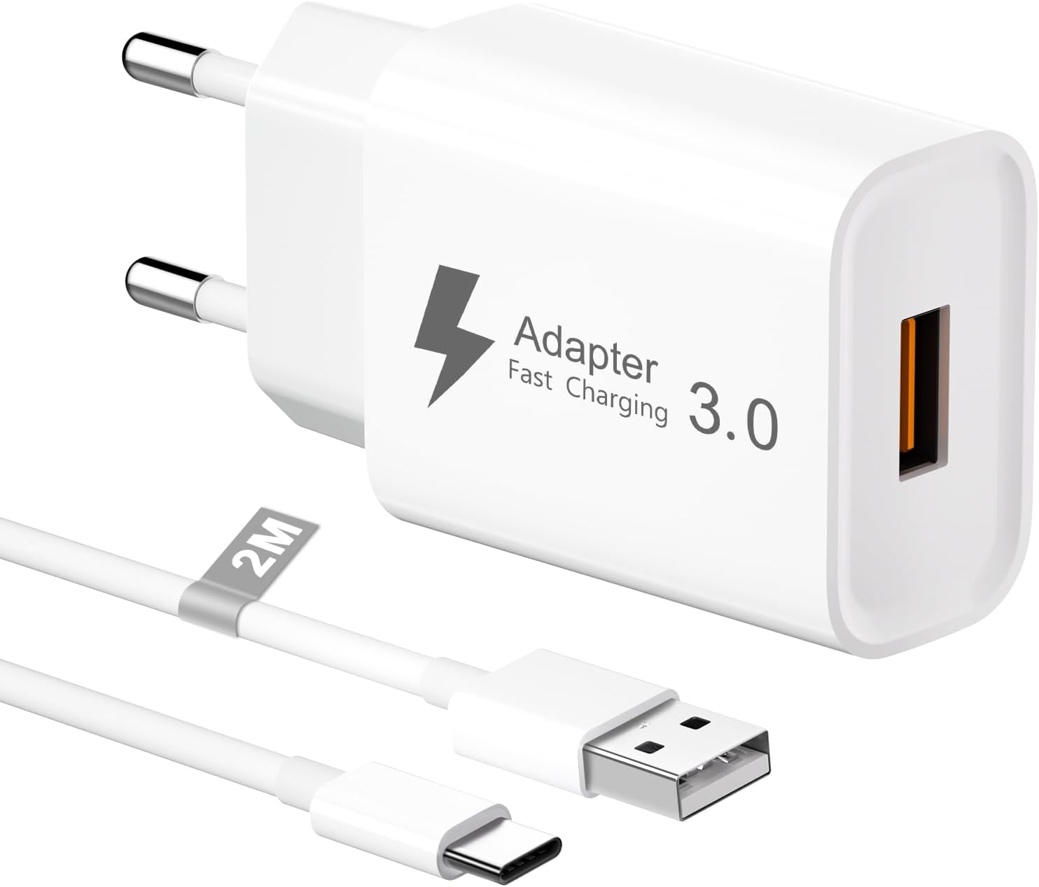Detalle de Chargeur USB rapide 18W avec câble USB-C 2 m – Quick Charge 3.0, prise secteur pour Samsung, Xiaomi, Huawei