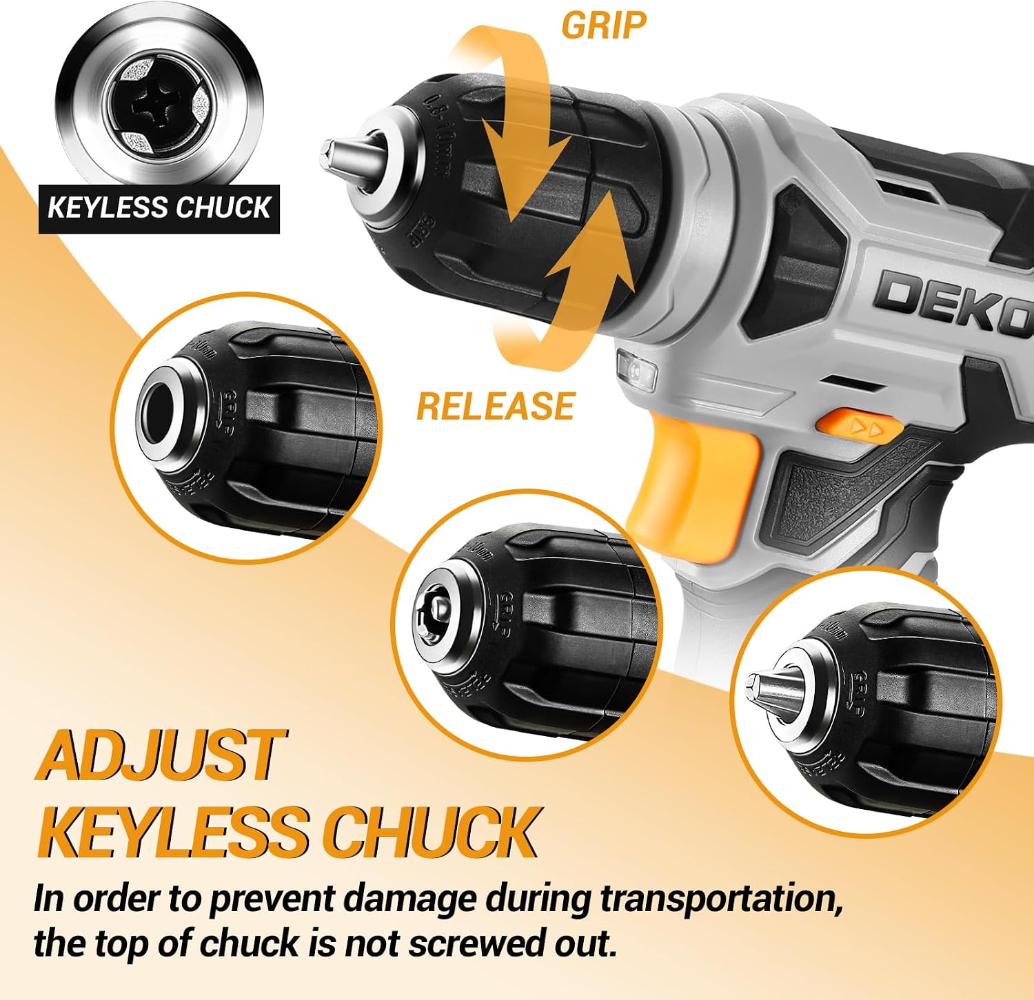 Thumbnail 2 de DEKOPRO DKCD08XL02 8V Cordless Drill, 3/8-Inch Keyless Chuck, LED, 42-Piece Kit