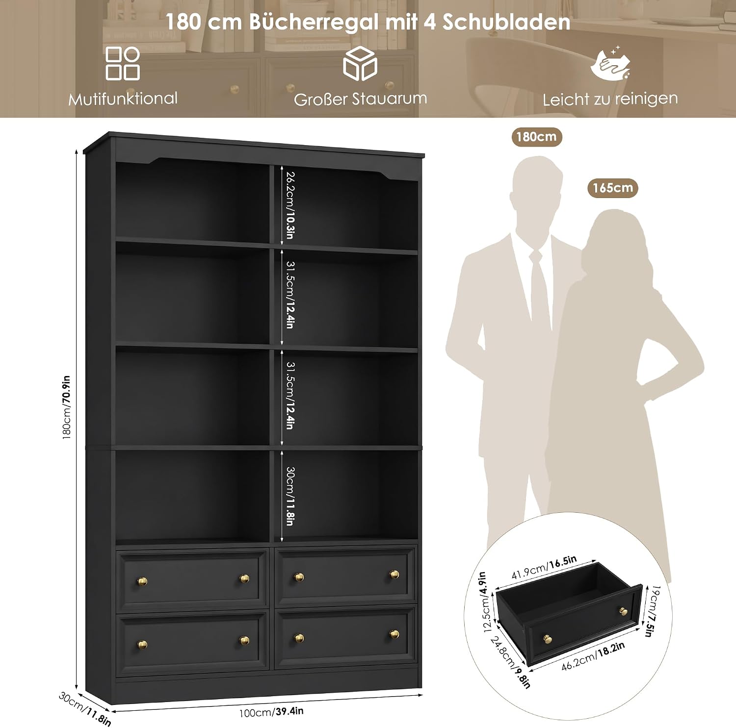 Detalle de FirFurd P124 Bookcase, 8 Compartments and 4 Drawers, Black, 100 x 30 x 180 cm