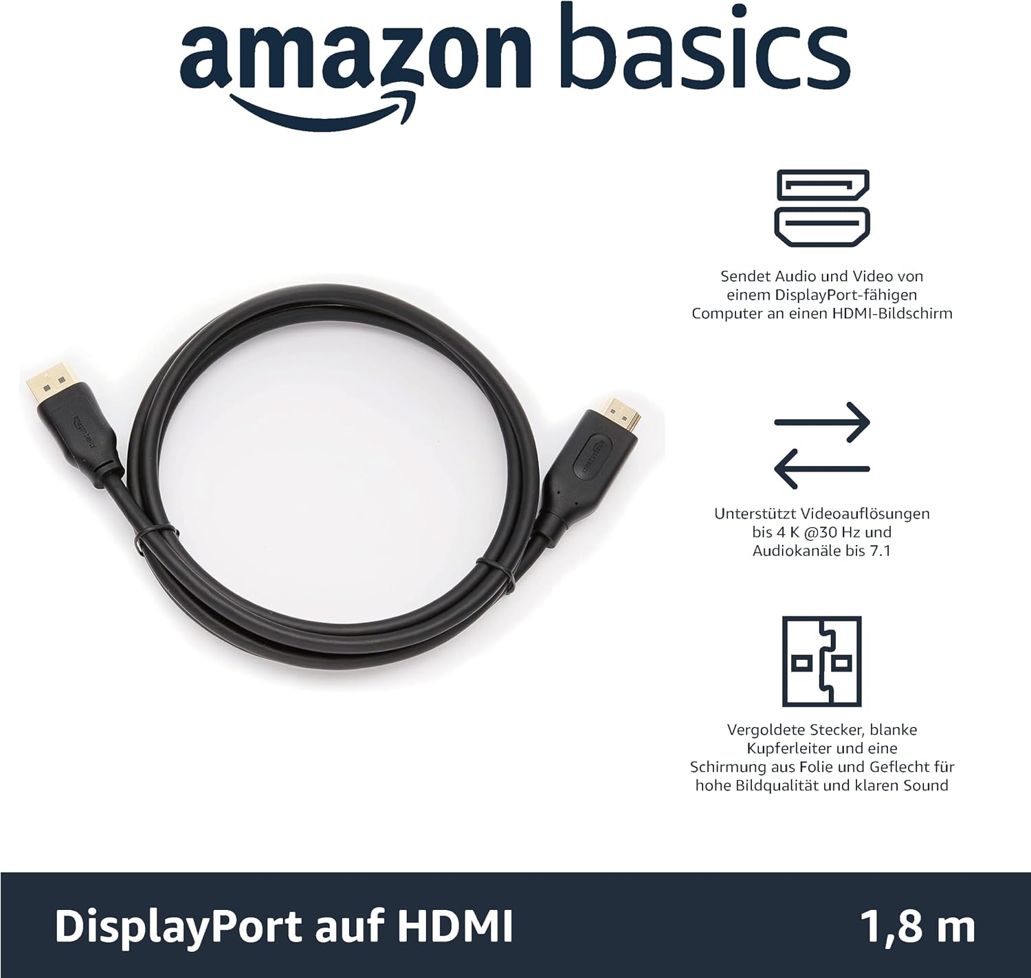 Thumbnail 1 de Amazon Basics DisplayPort-zu-HDMI-Kabel, 1,8 m, 10er-Set (Schwarz)
