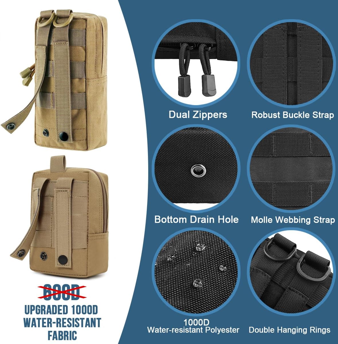 Detalle de MUCHER 3er Pack Molle Tasche – Taktische Hüfttaschen, EDC Utility Bauchtasche mit 3 Haken und Schlüsselanhänger
